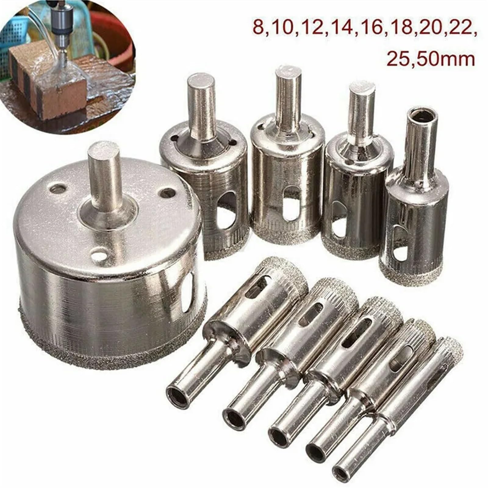 10 sztuk/zestaw 8-50 mm diamentowe wiertło do płytek marmurowych, szkła, ceramiki, otwornicy, wiertła diamentowego