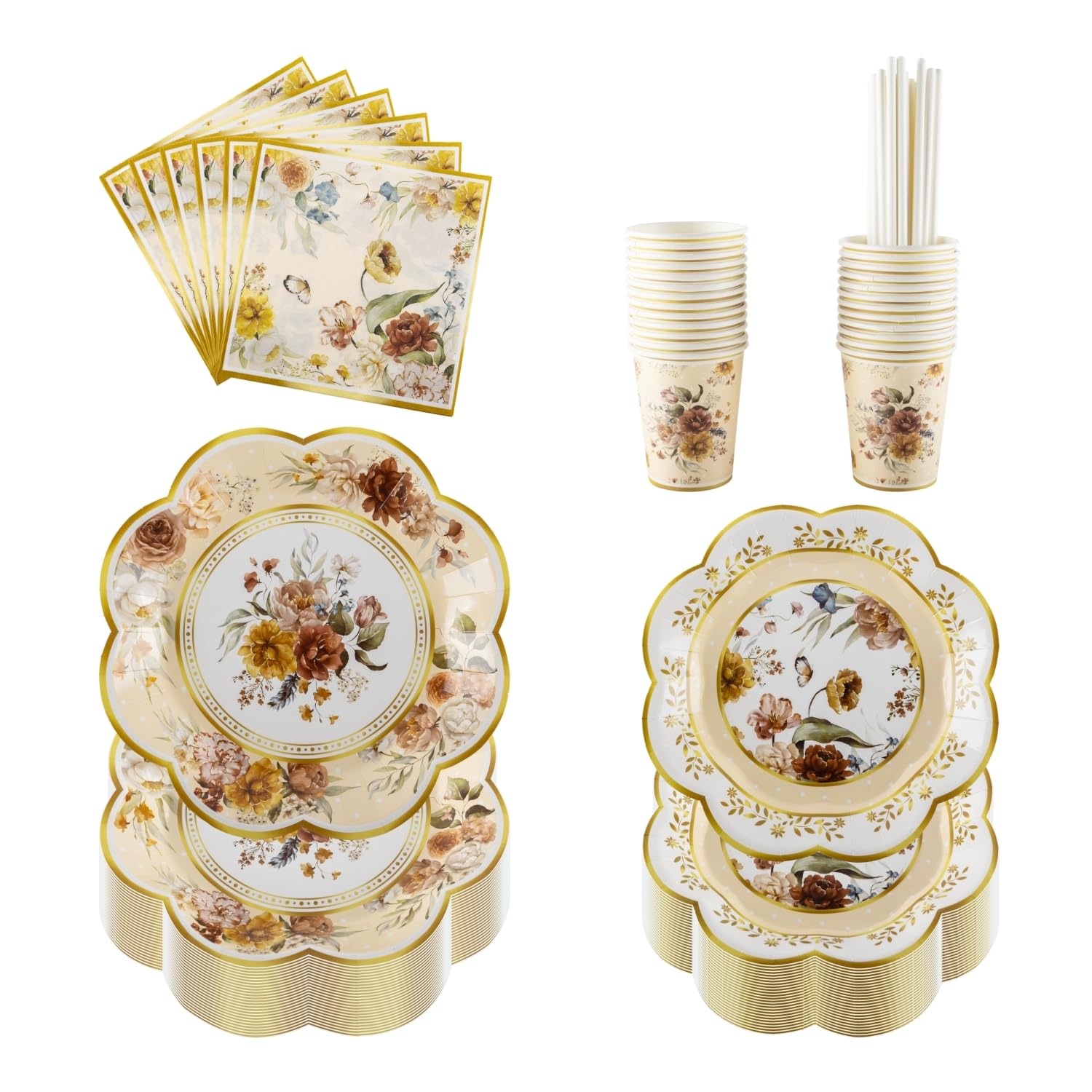 PHUNAT Vintage Floral Party Tableware Set for 25 Guests, Includes Paper Plates (7 & 9 inch), Cups, Napkins, Straws, Perfect for Afternoon Tea Party, Birthday, Bridal Shower, Family Gatherings