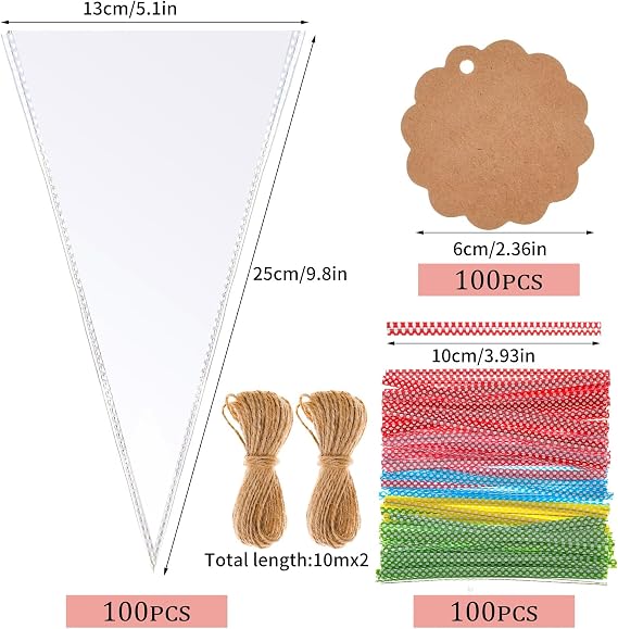 Pack of 100 Candy Bags with 100 Gift Tags Conical bags cellophane bags 25 x 13 cm for farewell gift candy bar wedding birthday (including closure and jute string)