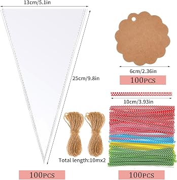 Pack of 100 Candy Bags with 100 Gift Tags Conical bags cellophane bags 25 x 13 cm for farewell gift candy bar wedding birthday (including closure and jute string)
