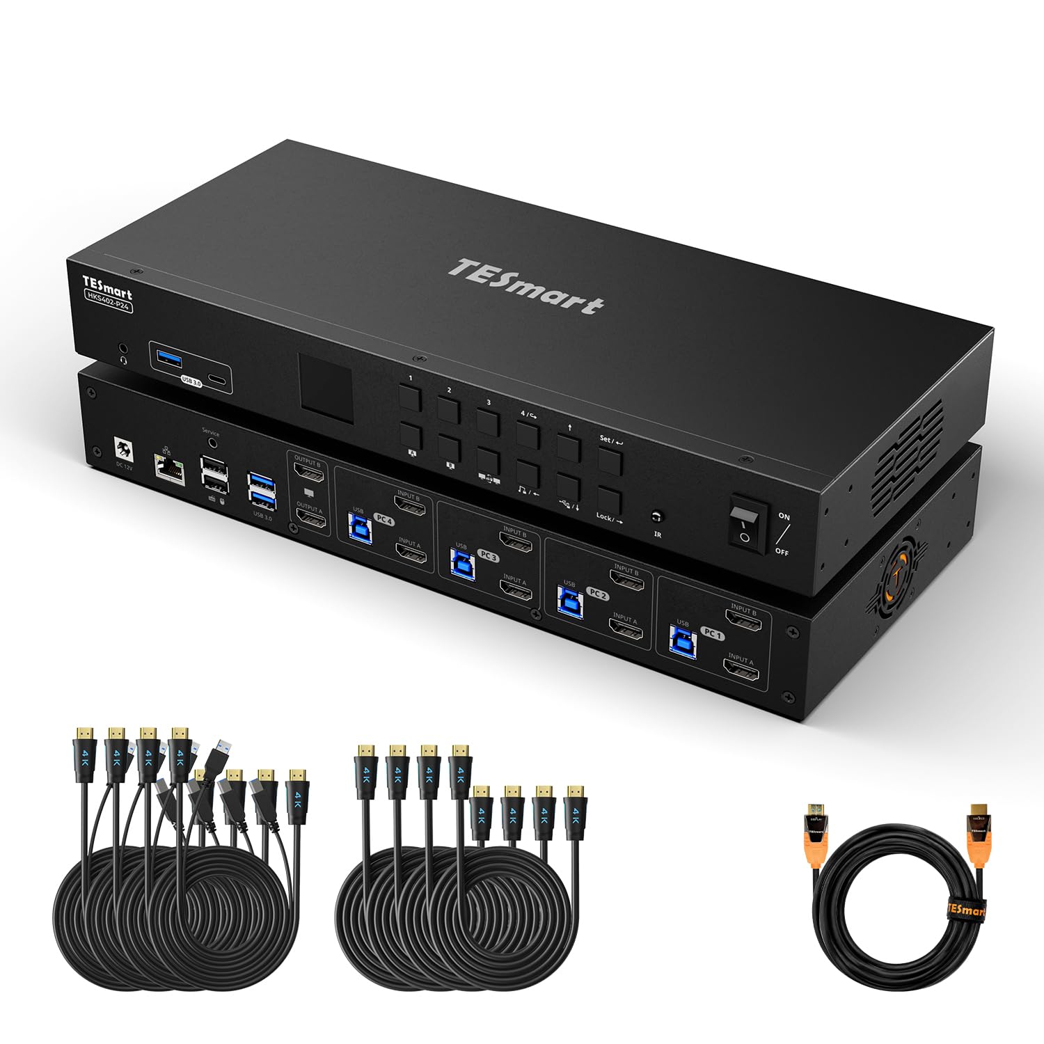 TESmart Pack KVM HDMI 4K@60Hz 4 PC 2 Moniteur + Câble HDMI 2.1 Fibre Optique 10 m 48 Gbit/s 8K@60Hz HDCP 2.3