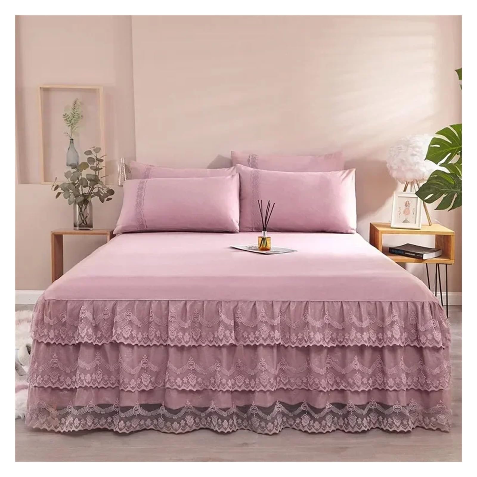 Jupe de lit Jupe de lit en Dentelle, Couvre-lit d'été en Satin Solide Rayonne, Linge de lit Simple, Double, Queen, King Size, Drap de lit(Dark Pink,1pc 200cmx220cm)