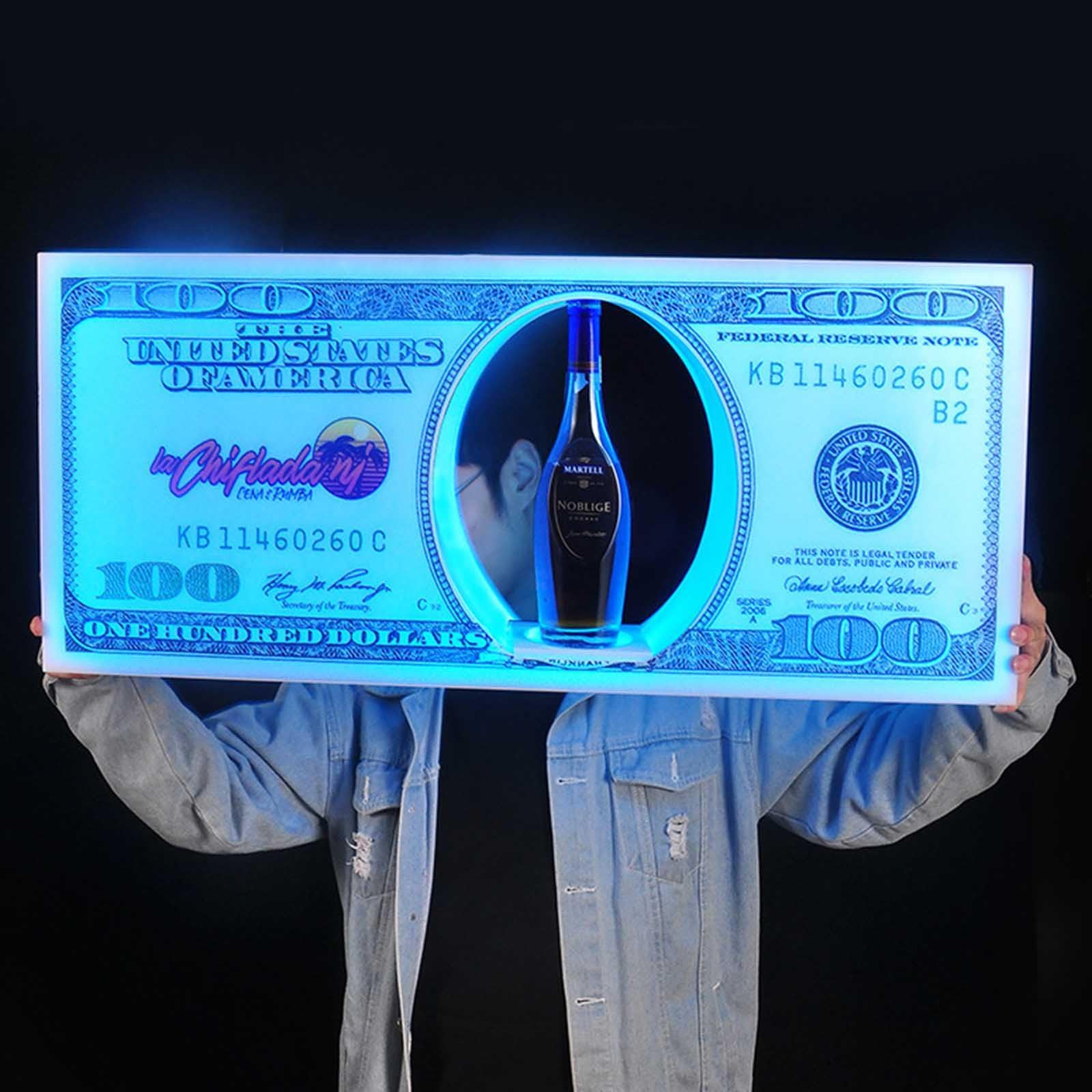 Espositore luminoso ricaricabile per bottiglie di champagne con aspetto da 100 banconote, per discoteca, villa, festa privata e ricevimento VIP