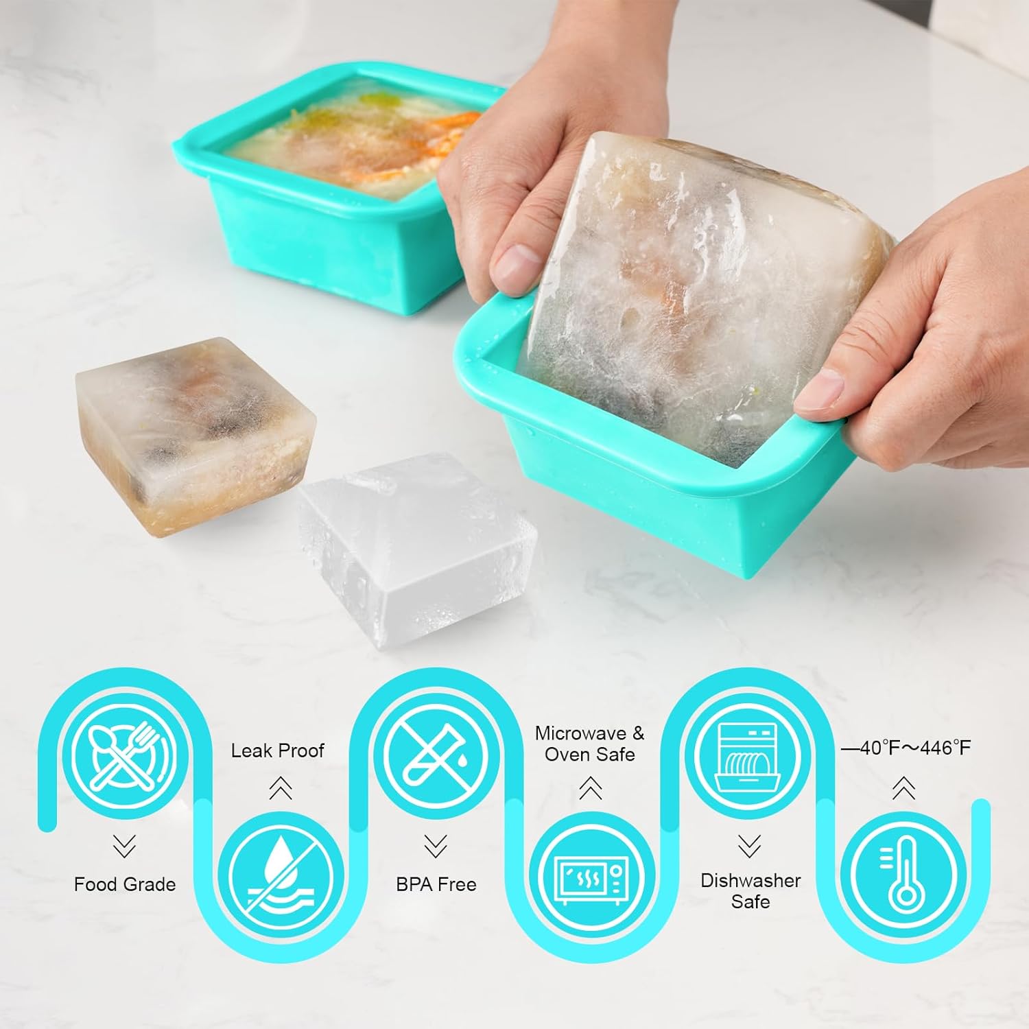 Silicone Freezer Tray with Lid 2 Pack Silicone Freezer Molds Ice Cube Tray Makes 2 Perfect 2 Cup Portions Soup Cubes Meal Prep Containers- Oven & Dishwasher Safe - Image 2