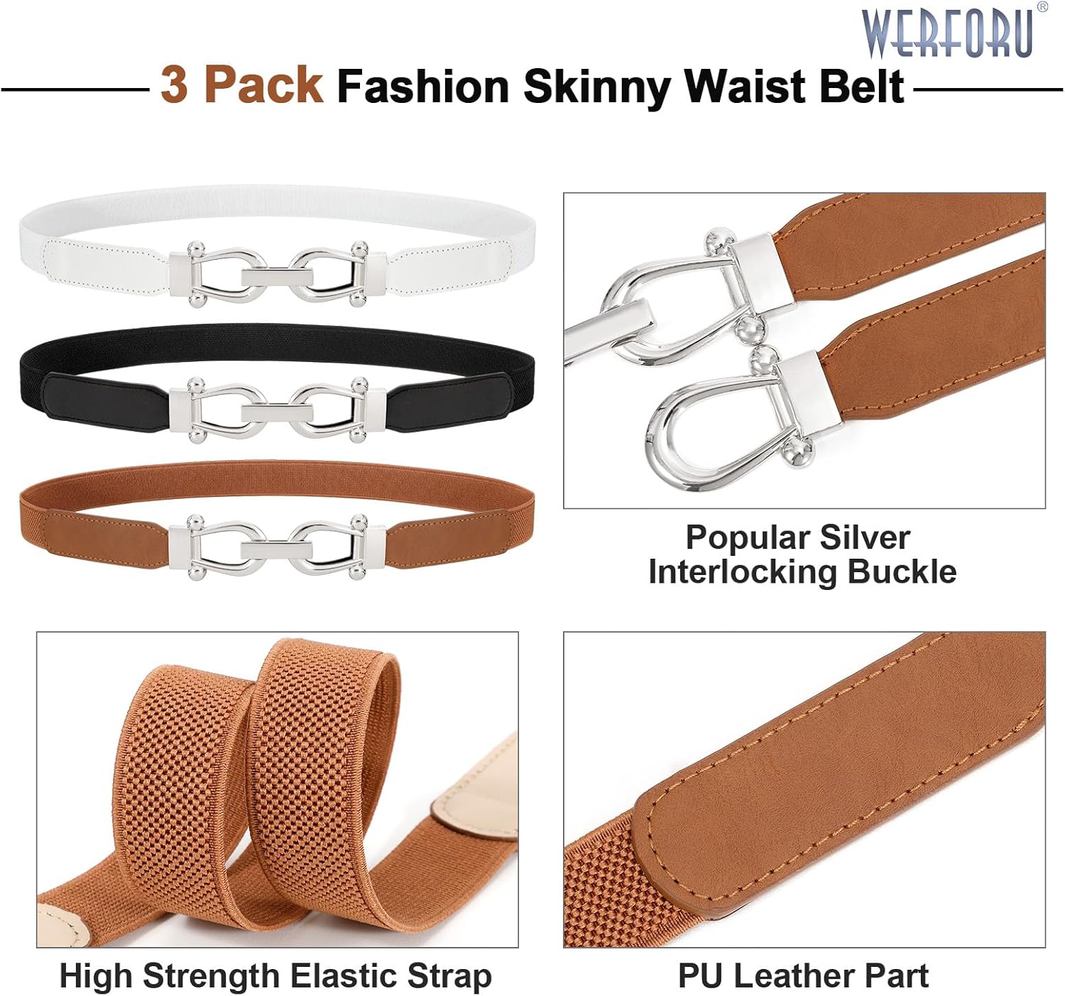 WERFORU 3 Pack Women Skinny Elastic Waist Belt Gold Buckle Stretchy Thin Belt for Jeans Dress - Image 3