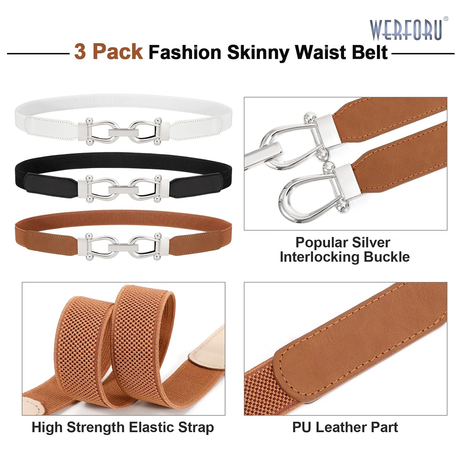 WERFORU Skinny Elastic Waist Belt, 3 Pack - Image 3