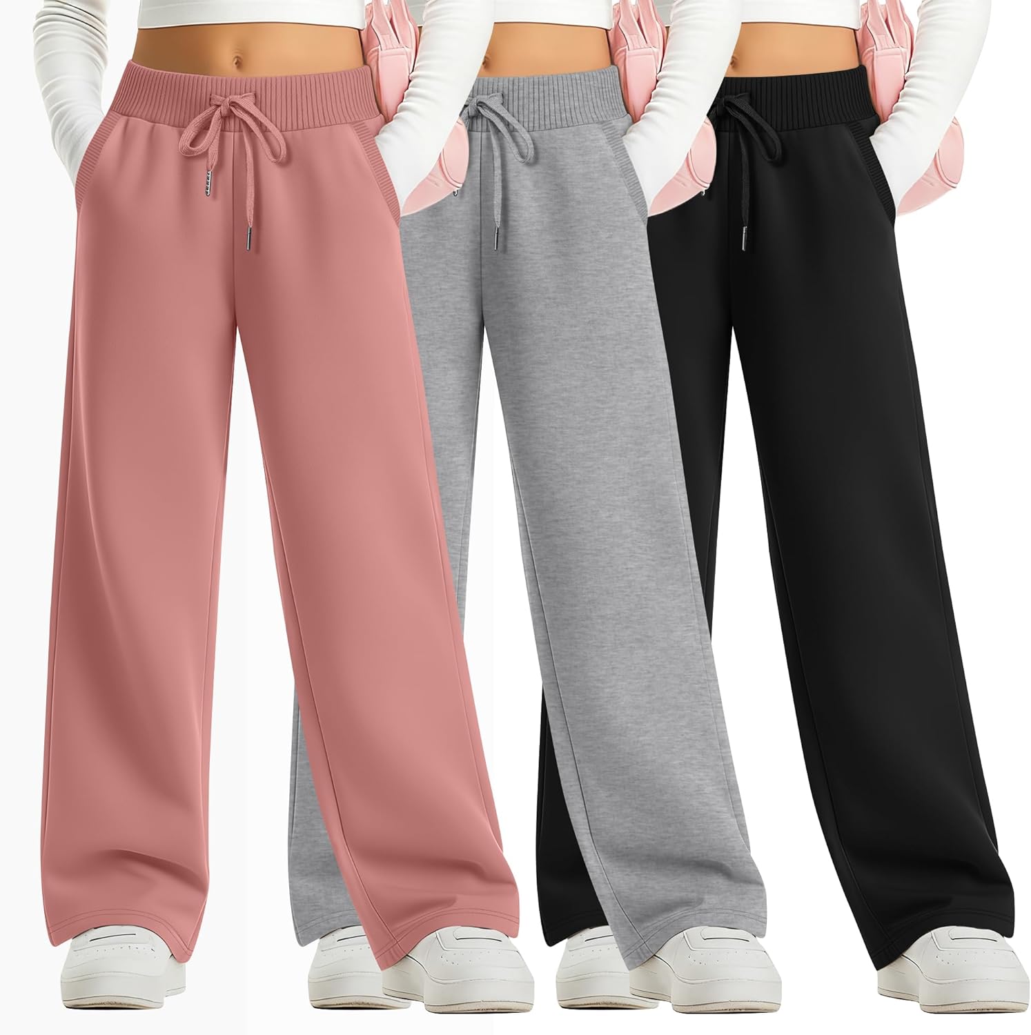 3 Pack Girls Sweatpants Straight Leg Ribbed Waist Active Joggers Teens Athletic Pants with Drawstring and Pockets
