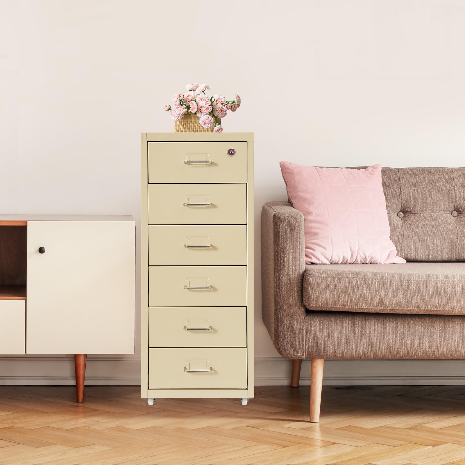 Armadietto mobile con 6 cassetti, in metallo con ruote, armadietto per ufficio e casa (beige)