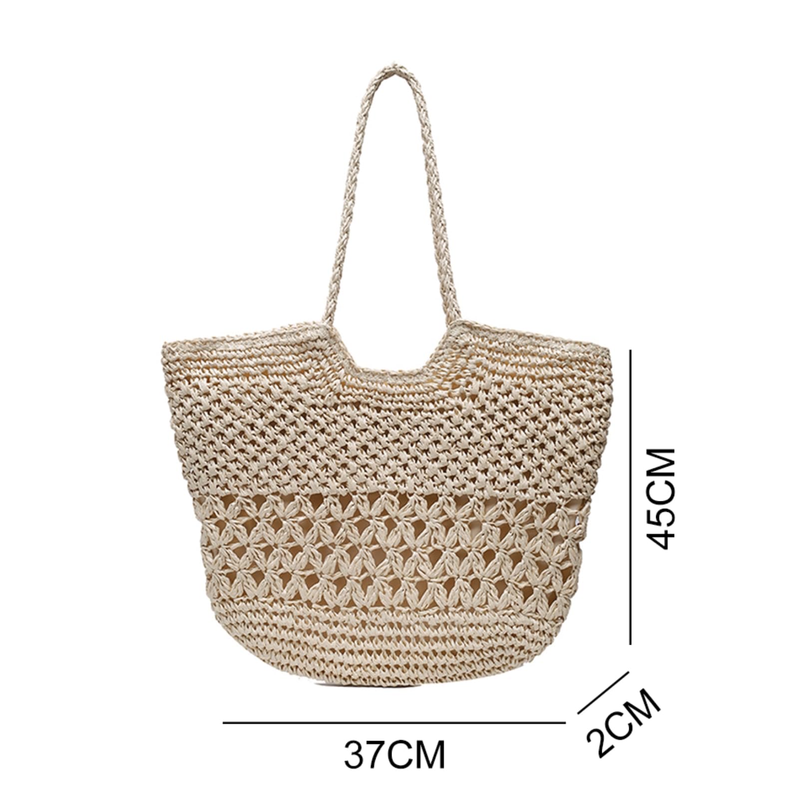 Borsa Spalla Paglia Raffia all'Uncinetto A Apertura Floreale, di Spiaggia Estiva Grande Capacità-creamy-white-37x2x45cm