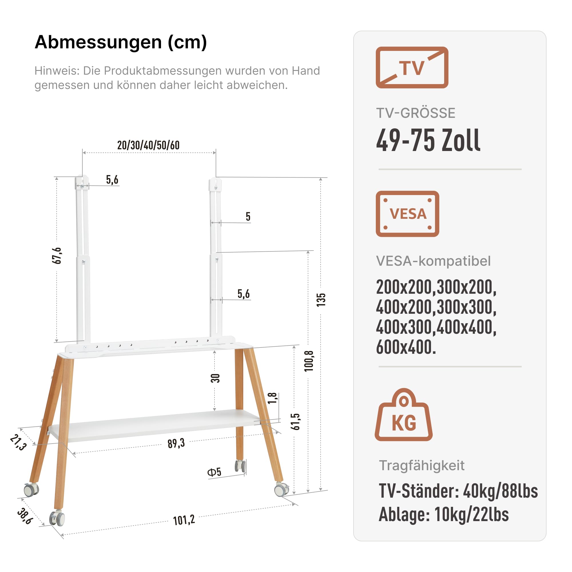 TV Ständer mit Rollen für 49 bis 75 Zoll TV bis zu 40 kg, Easel Design mit Metallstruktur und Holzablage, Beweglicher TV Ständer auf Rädern für Geschäft, Büro, Schule, Haus