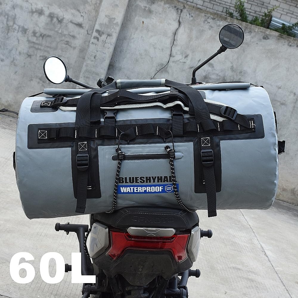 60L Sac à Dos étanche avec Cordes élastiques, Sacs étanches Moto, Sac à Dos pour Le Rafting, Le Kayak, Le canoë, Sac de Selle, Gris