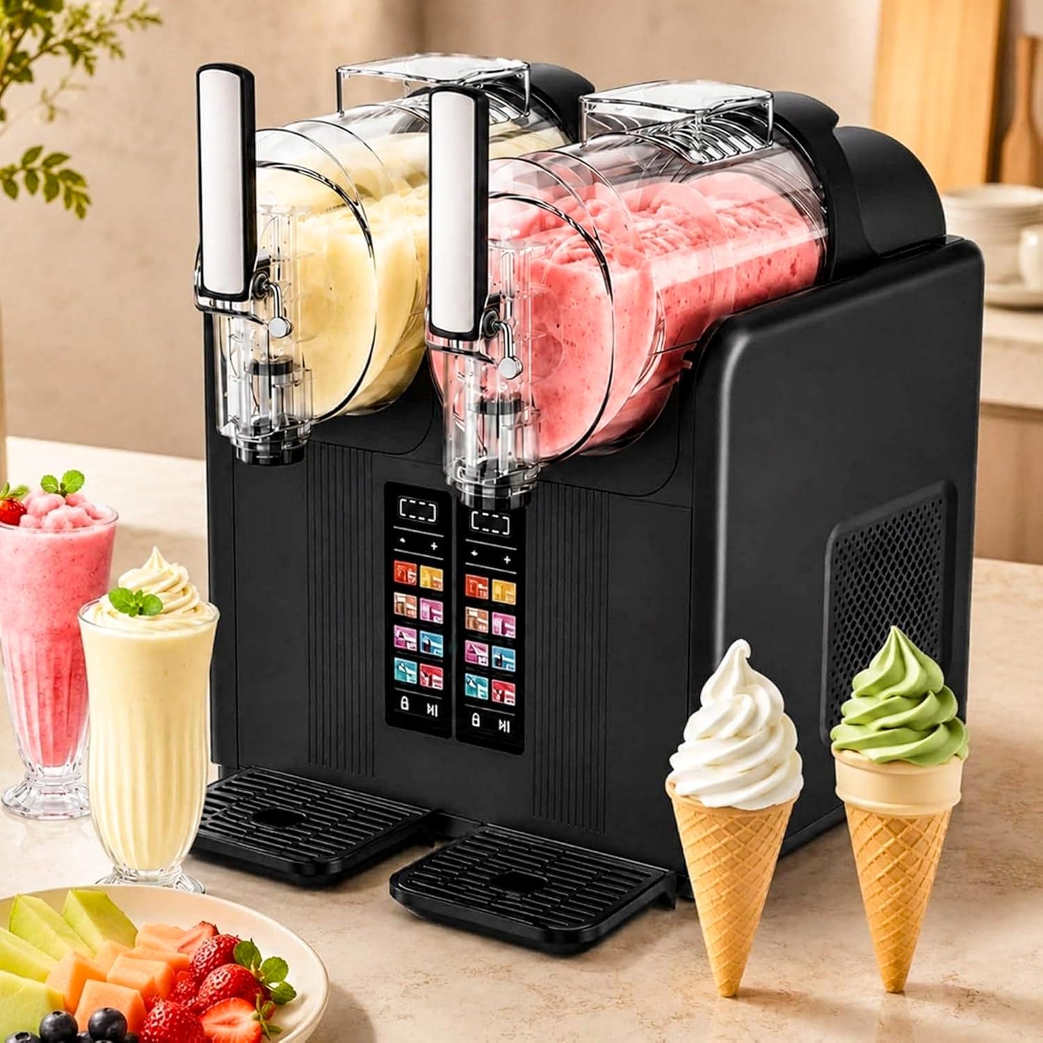 DowPie 2-Tank Countertop Slush & Soft Serve Beverage Maker Black-110V-120V