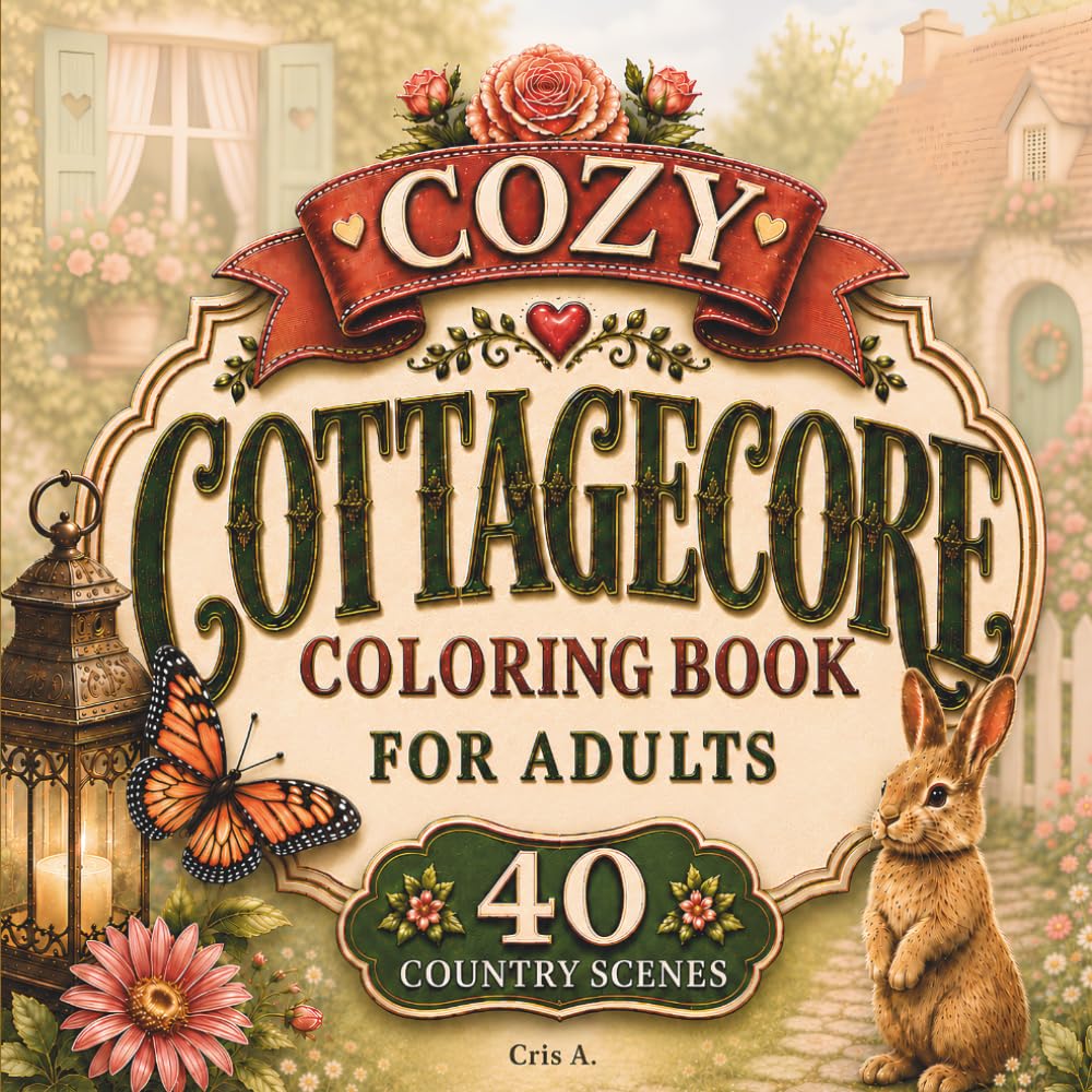 Cozy Cottagecore Coloring Book for Adults: 40 Original Country Scenes + 3 Bonus Illustrations | Cozy Cottages, Gardens & Countryside Animals | ... for Stress Relief, Relaxation & Mindfulness