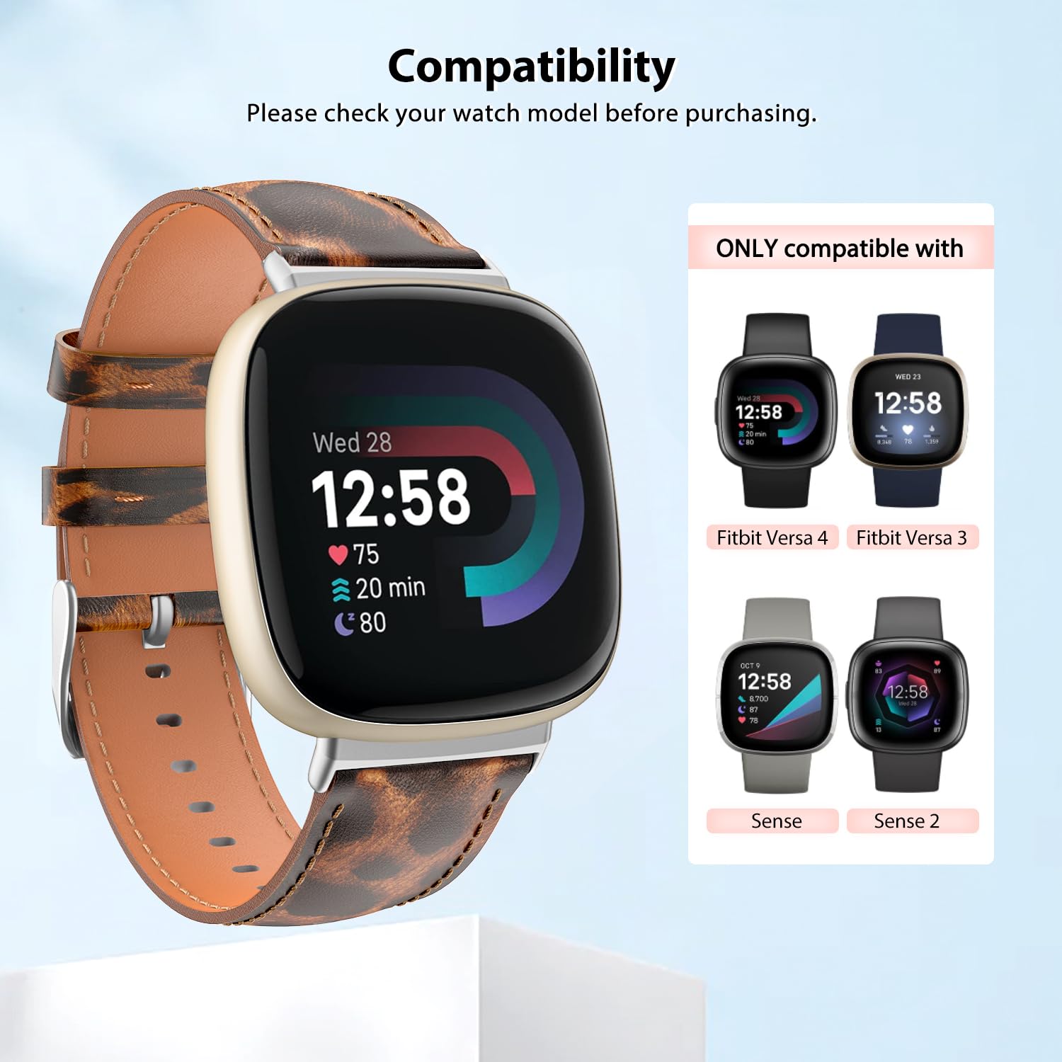 TiMOVO Leather Band Compatible with Versa 4/Versa 3/Sense 2/Sense Watch Bands, Top Grain Genuine Classic Leather Replacement Wristbands Straps for Women Men, Leopard Brown