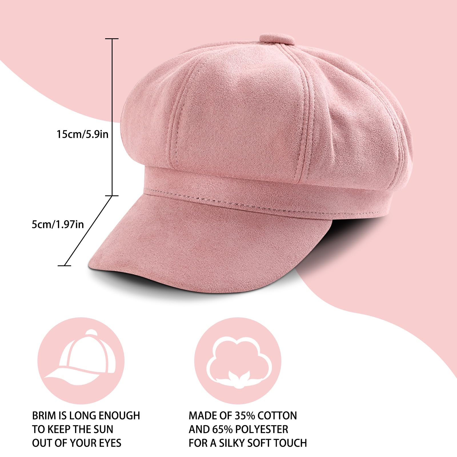 Yoolhamy Newsboy Hat for Women Vintage Classic Octagonal Cabbie Caps Adjustable Fashion Sun Protection Visor Hats (US, Alpha, One Size, Pink)