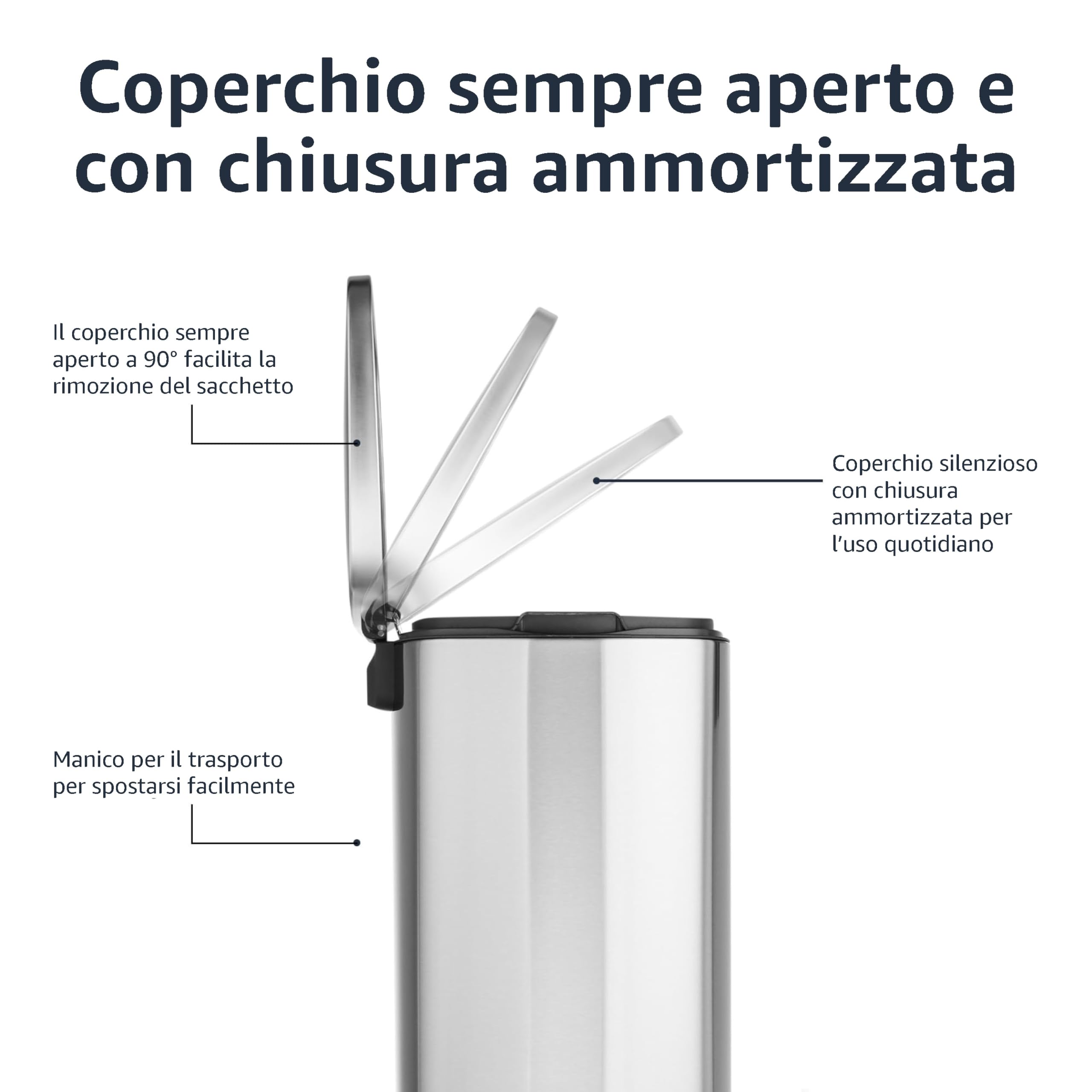 Amazon Basics Pattumiera rettangolare con chiusura silenziosa, 50 l / 13.2 gallon, Nichel satinato
