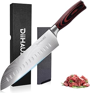 7 Inch Santoku Knife, Ultra Sharp Chef Knife with Hollow Edge, High Carbon Stainless Steel Forged Professional Kitchen Knives with Ergonomic Pakkawood Handle and Edge Guard, Gift Box