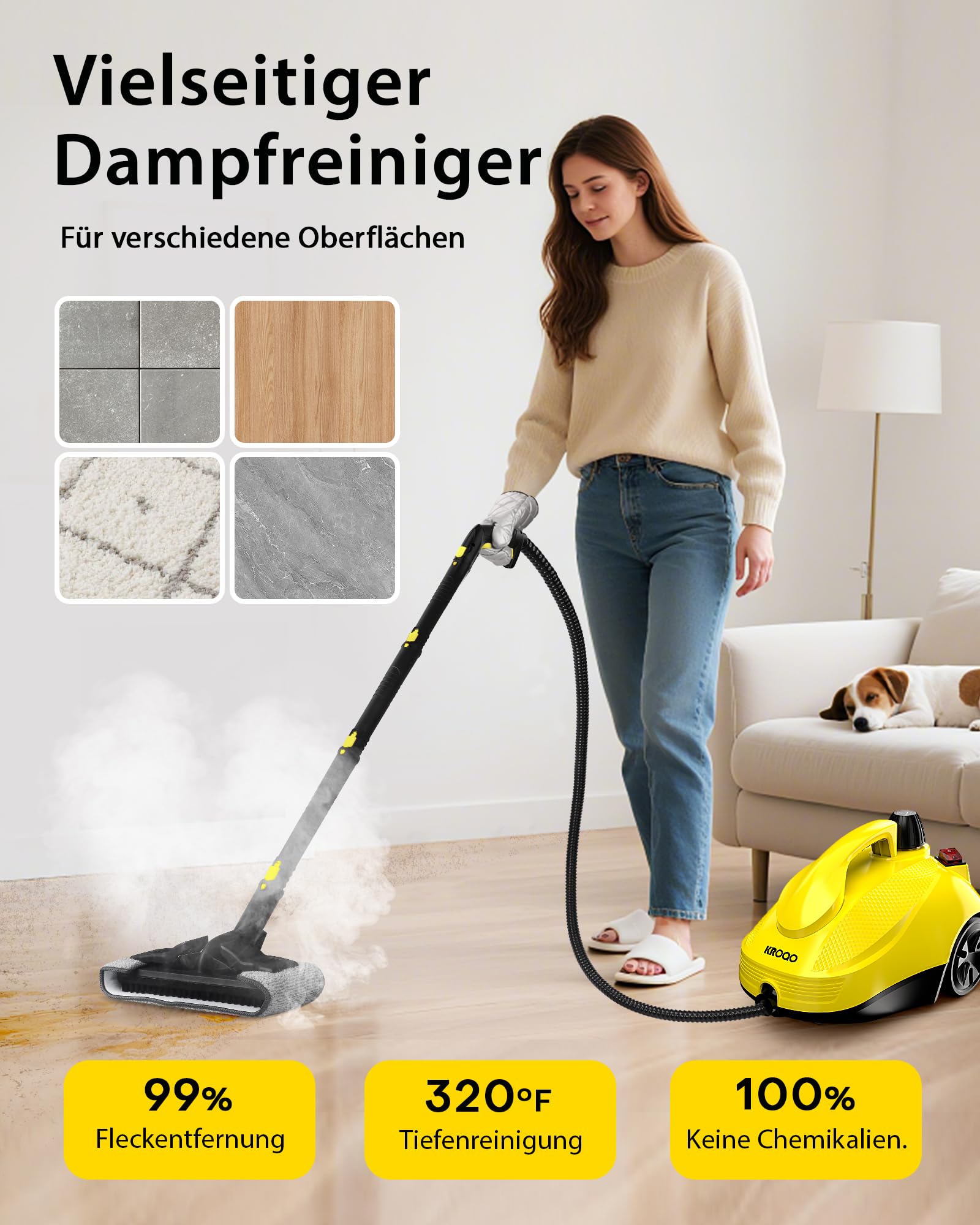 Dampfreiniger mit 23 Zubehörteilen und 5 Meter Netzkabel für die Reinigung von Öfen, Teppichen, Sofas, Polstern, Spielzeug und glatten Böden.