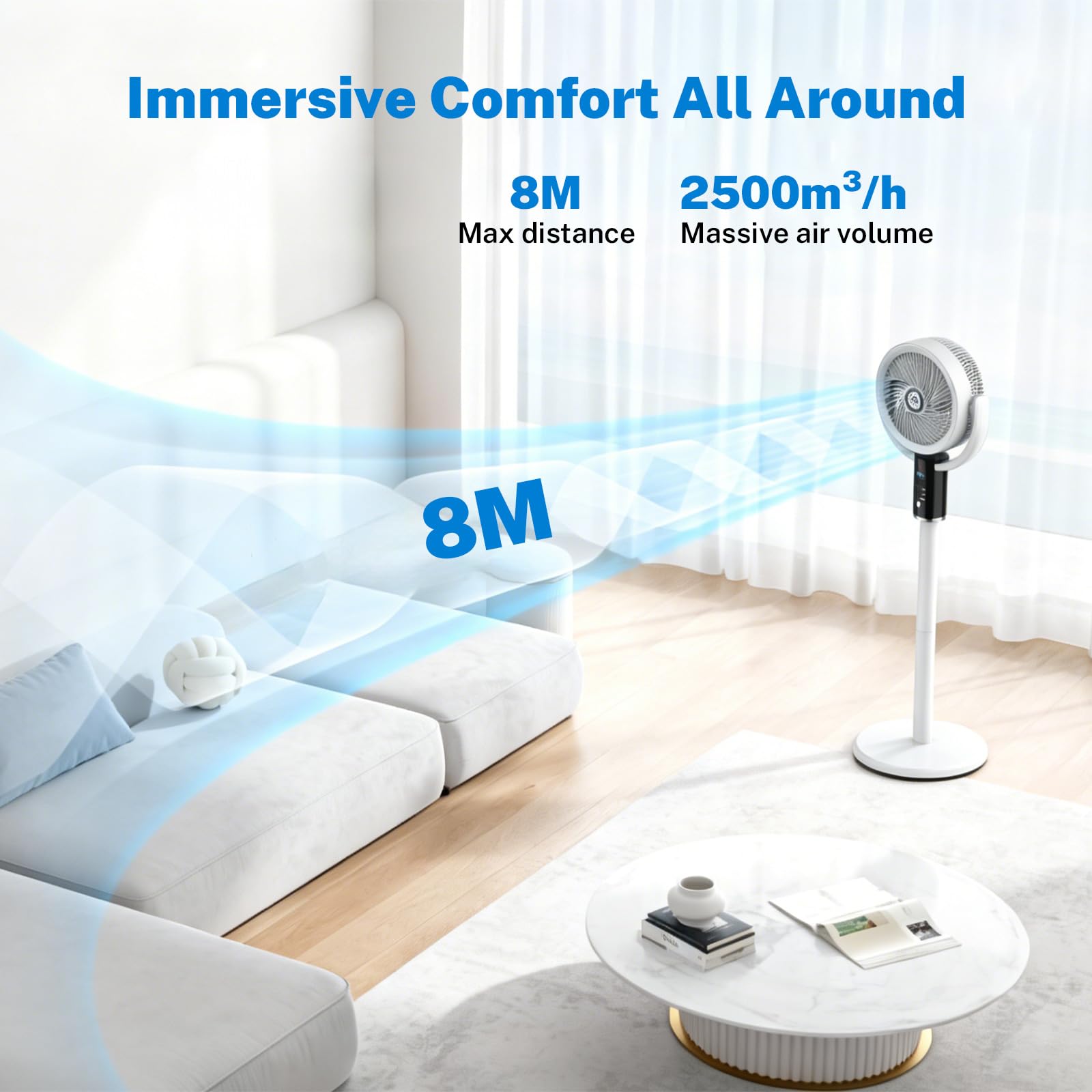 WIWOLER Leiser Standventilator mit Fernbedienung, 3 Höhenverstellbarer Säulenventilator, 8 Geschwindigkeiten, 80° Oszillation, 8H Timer, LED-Display, 3-Stufen Nachtlicht, Für Schlafzimmer, Büro