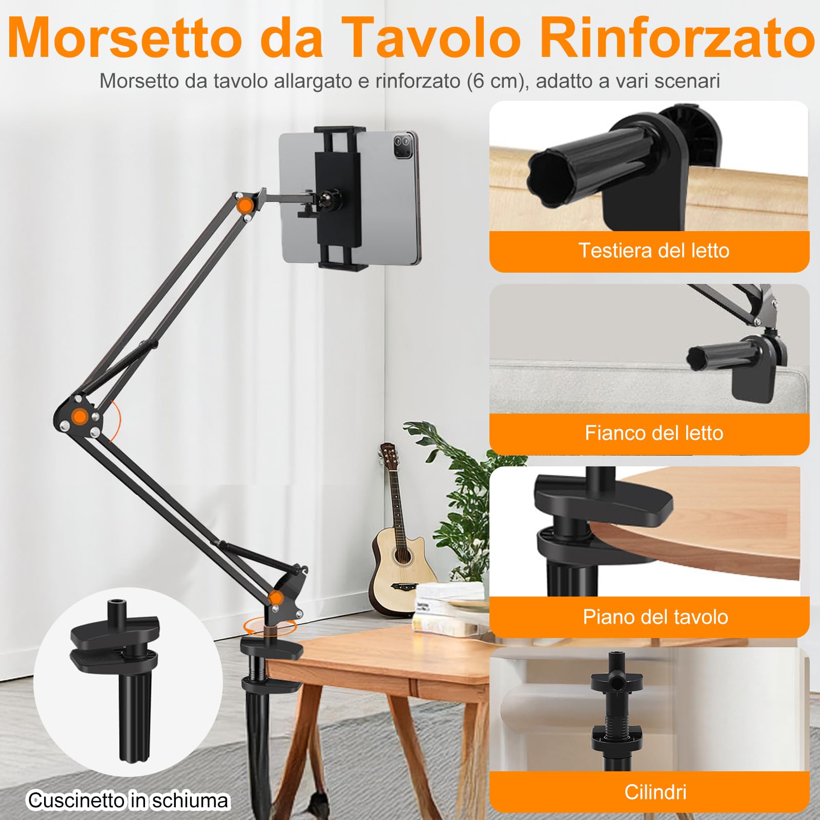 Supporto Tablet, Porta Tablet da Letto Rotazione a 360°,Adatto per Telefoni Cellulari o Tablet da 4,7-13 Pollici, Adatto per il Fissaggio su Superfici Piane con uno Spessore Massimo di 6,5 cm