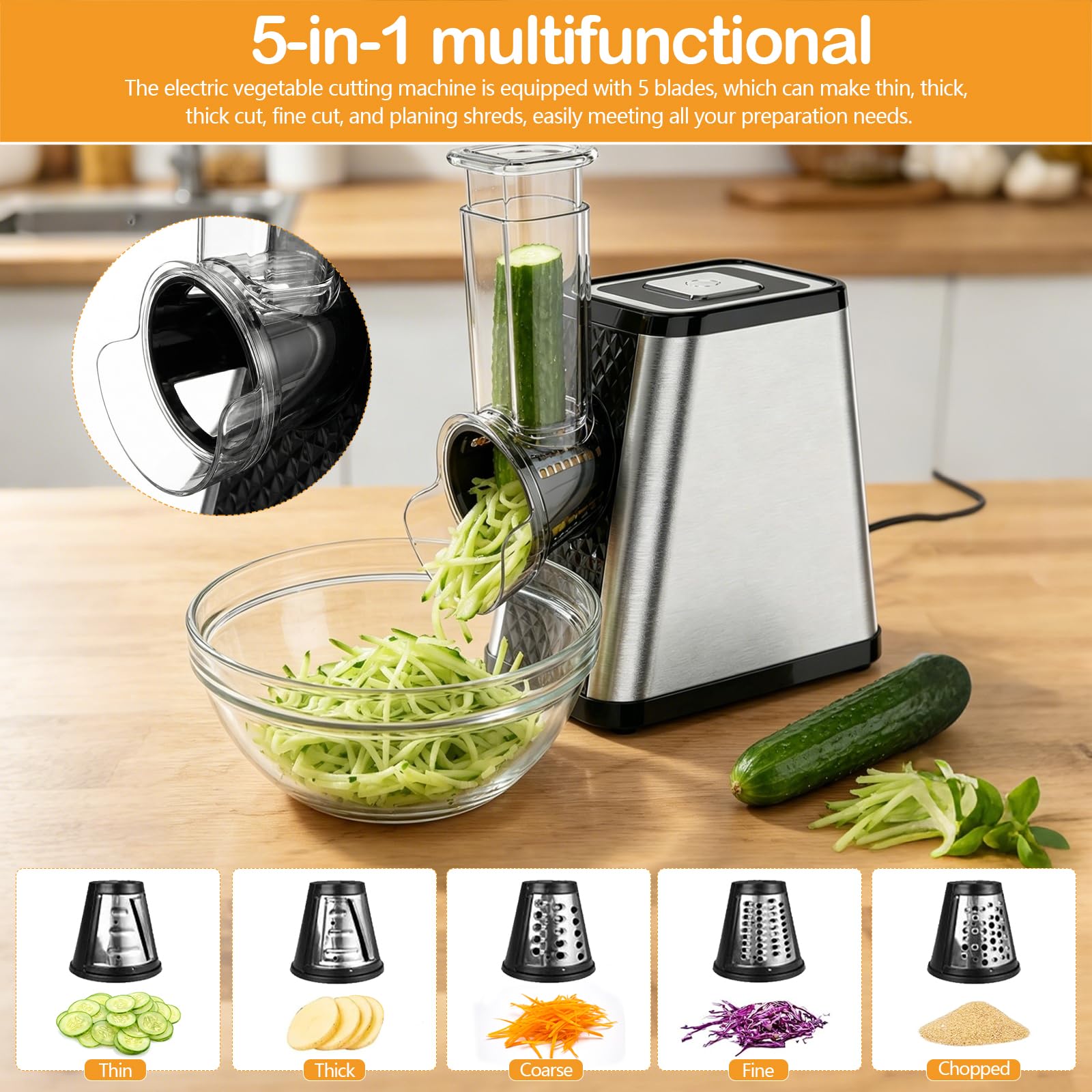 Cortador de Verdura, Cortador de Verduras Eléctrico 5 en 1 con 5 Cuchillas de Acero Inoxidable Rallador de Verduras Multifuncional de 800 W para Queso Duro Zanahorias Pepinos Patatas Repollo