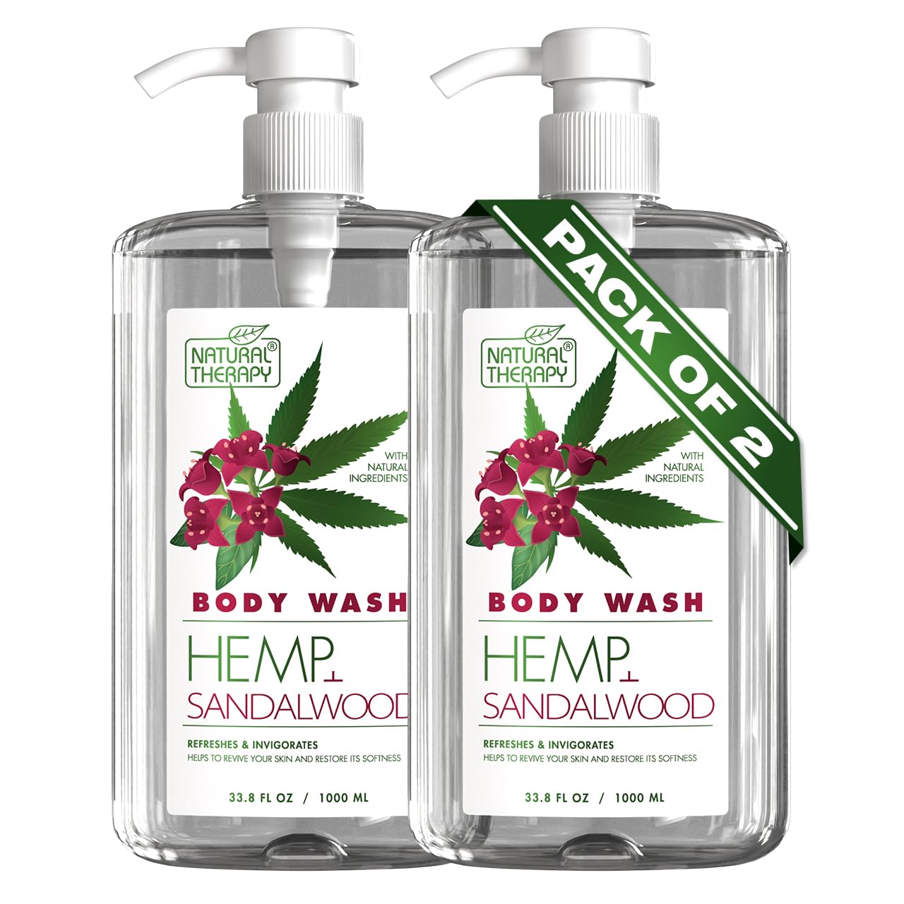 Natural Therapy Body Wash for Women and Men with Hemp & Sandalwood Oils - Shower Gel Cleanses and Moisturizing Skin - With Dead Sea Minerals Nourish for Body, Pack of 2 (67.6 fl.oz)