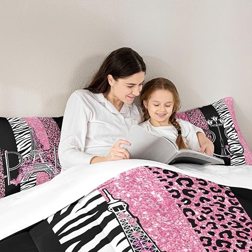 Miniatura 2 de Juego de edredón para niños de la Torre Eiffel, tamaño matrimonial, juego de ropa de cama con textura de piel de cebra y leopardo con purpurina,