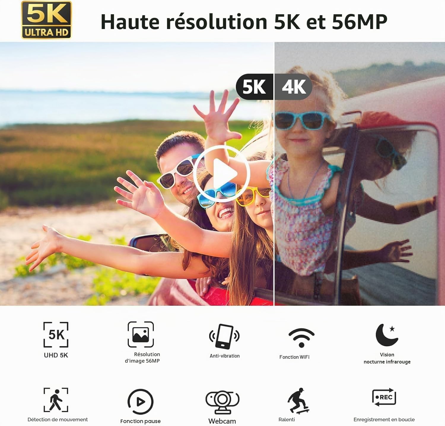 Caméra vidéo 5K 56MP Caméscope Vlogging Caméra YouTube, WiFi Vision nocturne 3" Écran tactile rotatif à 270° Video Camera avec carte 64 Go, microphone, stabilisateur, télécommande, 2 piles, trépied