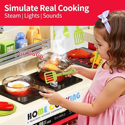 Miniatura 2 de Juego de cocina para niños, cocina de juego con estufa, parrilla, fregadero, comida de juguete, accesorios de cocina, cocina con luces de vapor