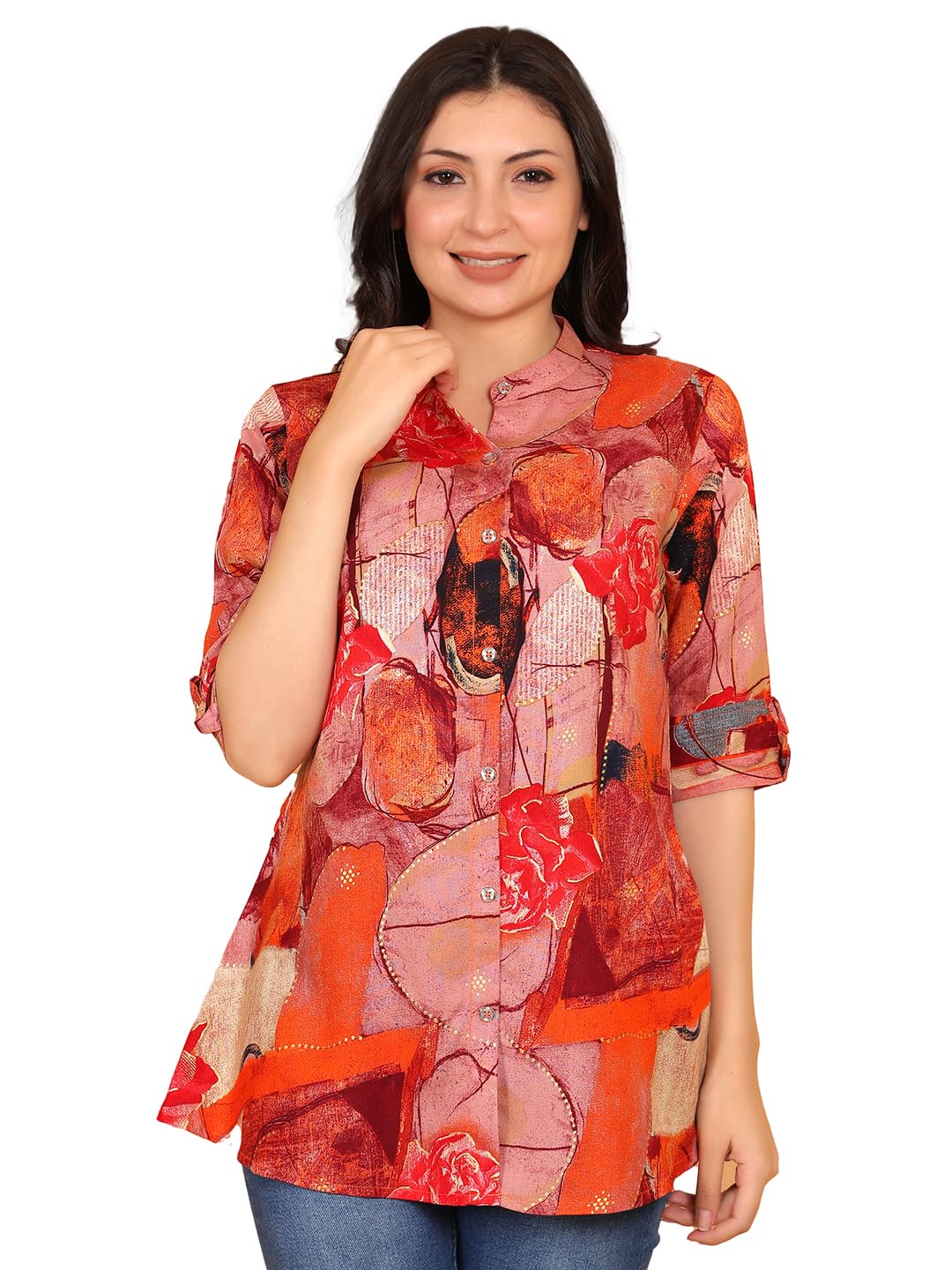 fims - fashion is my style Rayon Abstract Printed Short Kurti for Women, Tunics Tops, Ethnic Wear for Office, Flared, Mandarin Collar V Neck, Roll-Up Sleeves, Summer Wear, Ideal Gift for Girls-picture-55