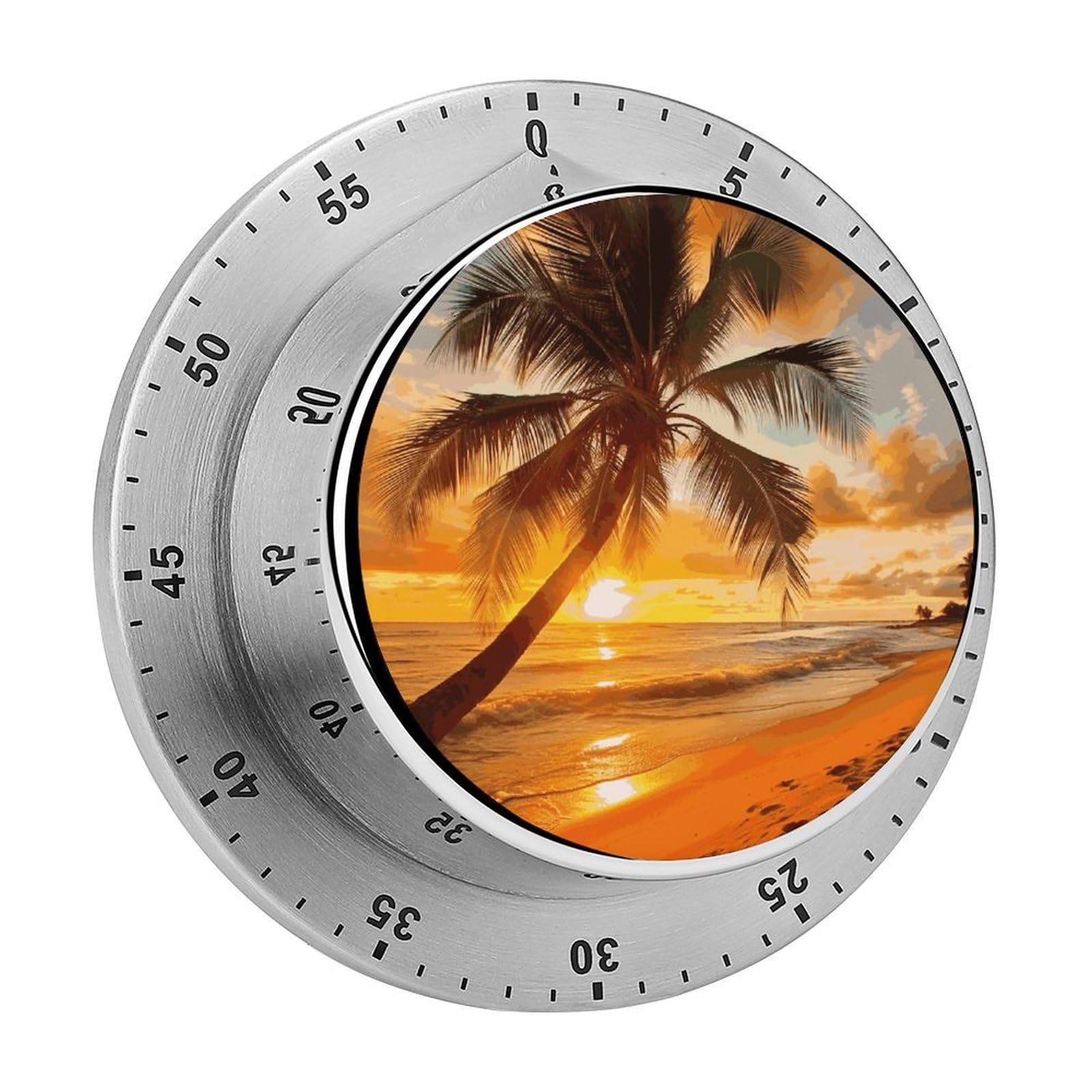 Tropical Beach Palm Tree Sunset Visual Timer with Loud Alarm 60-Minute Kitchen Timers Exquisite Stainless Steel Body - Mechanical Desk Timer Countdown Clock for Cooking Chef Clock
