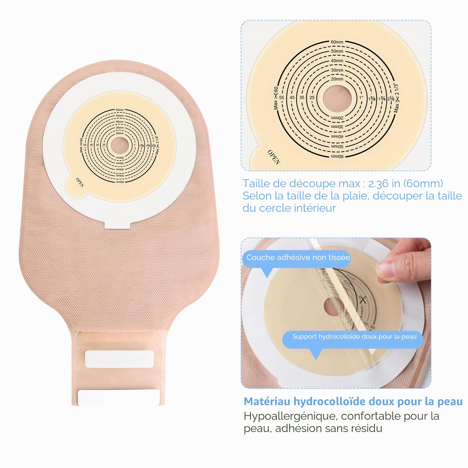 Lot de 20 sacs de colostomie, 15 à 60 mm découpés pour s'adapter aux poches drainables avec fermeture pour soins de stomie d'iléostomie, sac de stomie, fournitures de stomie, équipé d'un dispositif de