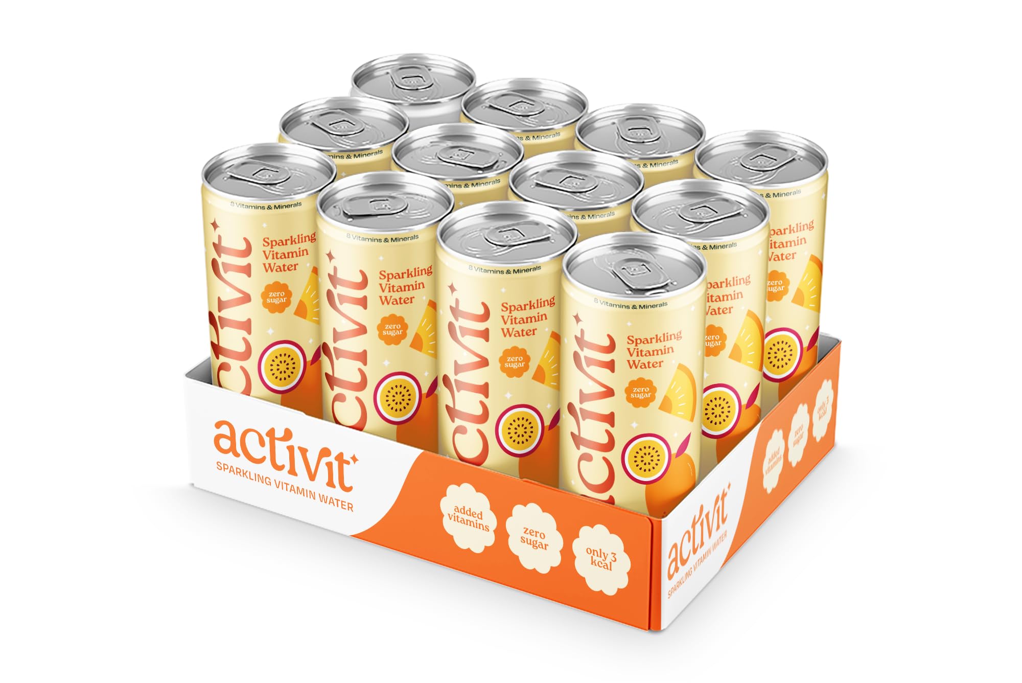 Acti-Vit Sparkling Flavoured Vitamin Water Mango, Pineapple & Passionfruit Cans with B Vitamins B5, B6, B9, B12, Vitamin C, Vitamin D, Zinc & Magnesium Zero Sugar 12x 330ml