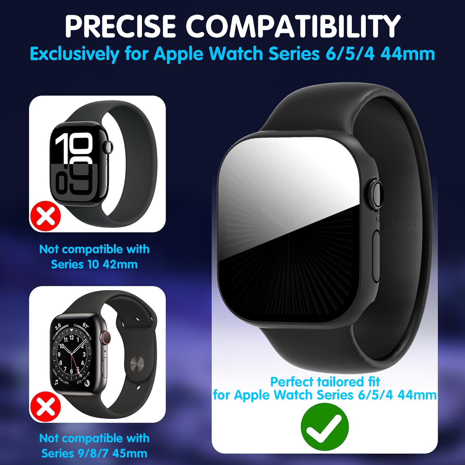 Confezione da 3 custodie anti spia per Apple Watch Serie 6/5/4/SE/SE 3 44 mm, copertura protettiva per il viso con protezione dello schermo in vetro temperato anti-peeping, ultra sottile, cover rigida