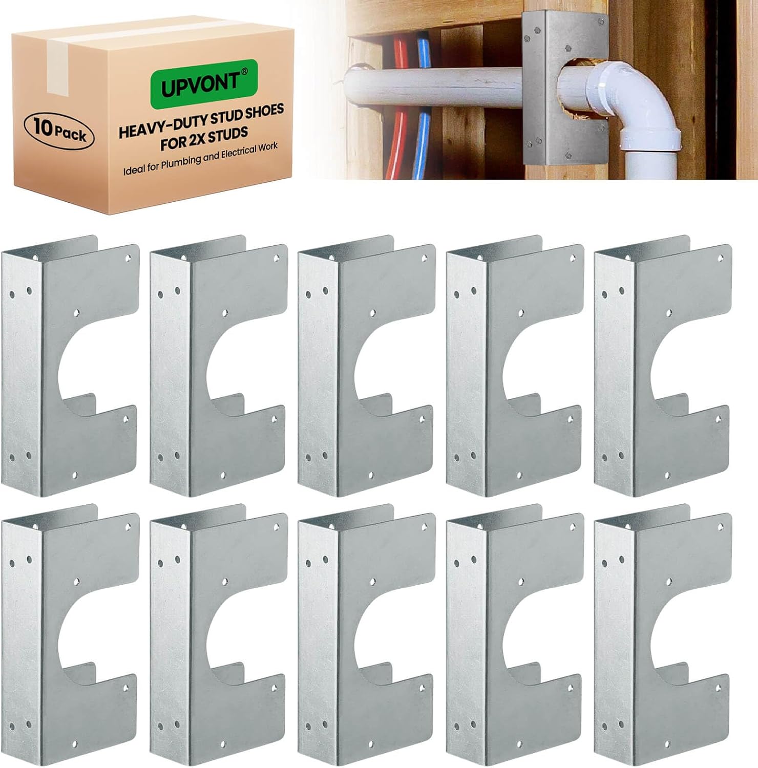 Stud Shoes for 2X Studs, 16-Gauge Galvanized Stud Shoes, 6.25" Height, 1.5" Width, Fits Up to 2 3/8" OD Pipes – Thicker, Higher, IBC/IRC Code Compliant, Extra Durable (1.5" x 6.25" - 10 PCS)