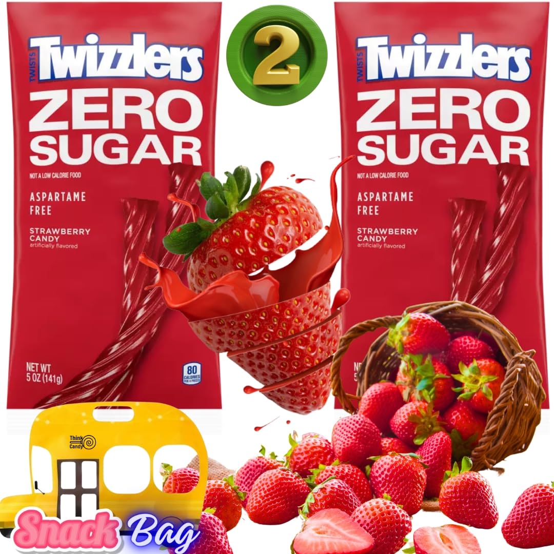 (PACK OF 2) Licorice Twizler Zero Sugar Strawberry Sweet Twists - Your Delicious Sugar Free Licorice Twists Candy - No Sugar - Resealable Candies ZipBag by Think Candy Included