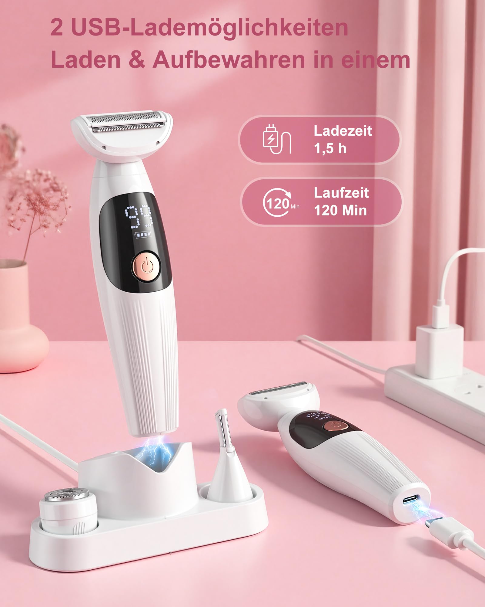 Rasierer Damen,3-In-1 Intimrasierer für Frauen & Gesichtshaarentferner für Frauen,IPX7 Wasserdicht, Nass&Trocken,Damenrasierer Elektrisch für Bikinizone,Achseln,Beine,Bikini Trimmer mit USB Aufladung