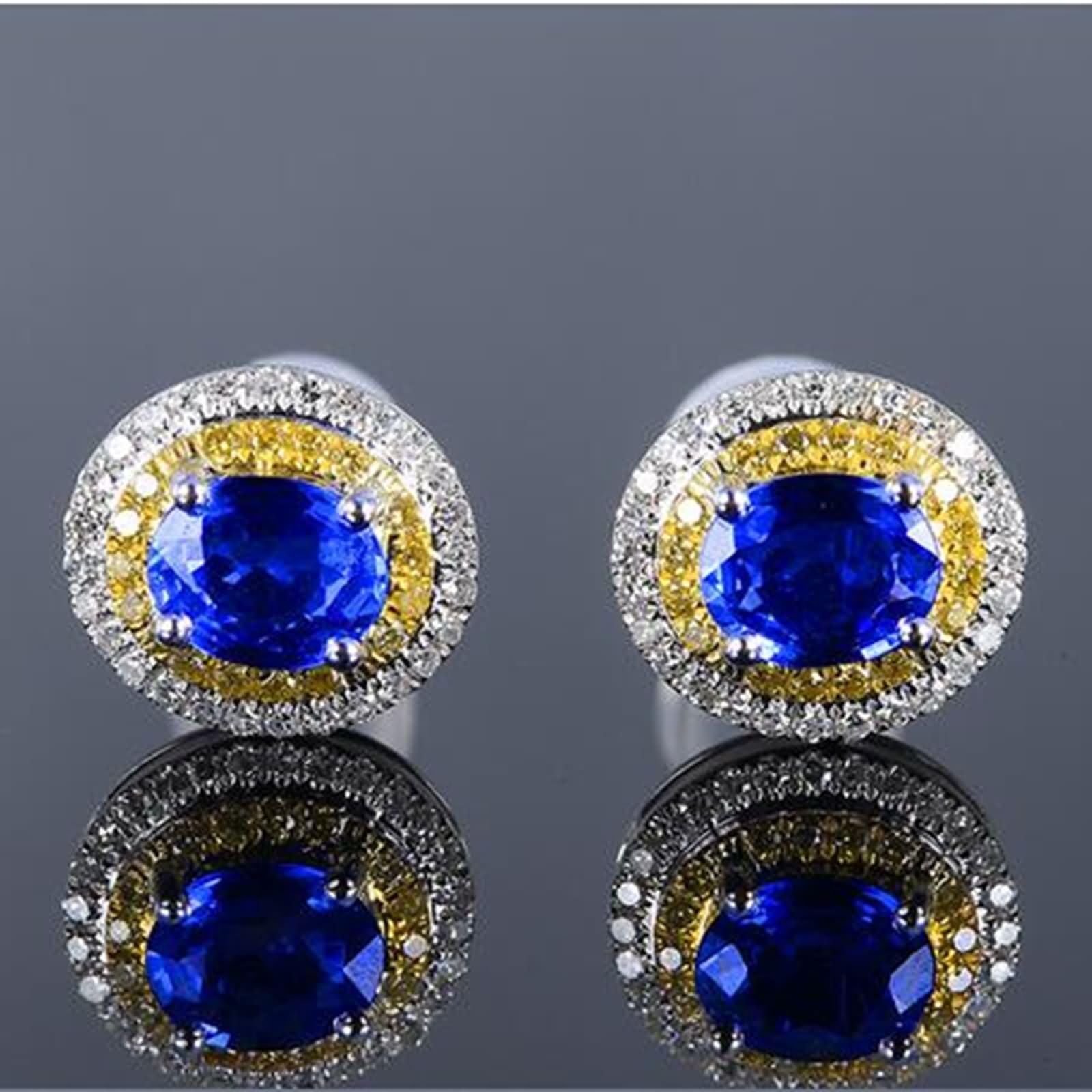 Pendientes para Mujer Oro Blanco 9 K / 14 K / 18 Kilates, Ovalado con Zafiro Creado y Moissanita, Pendientes de Mujer Plata Azul