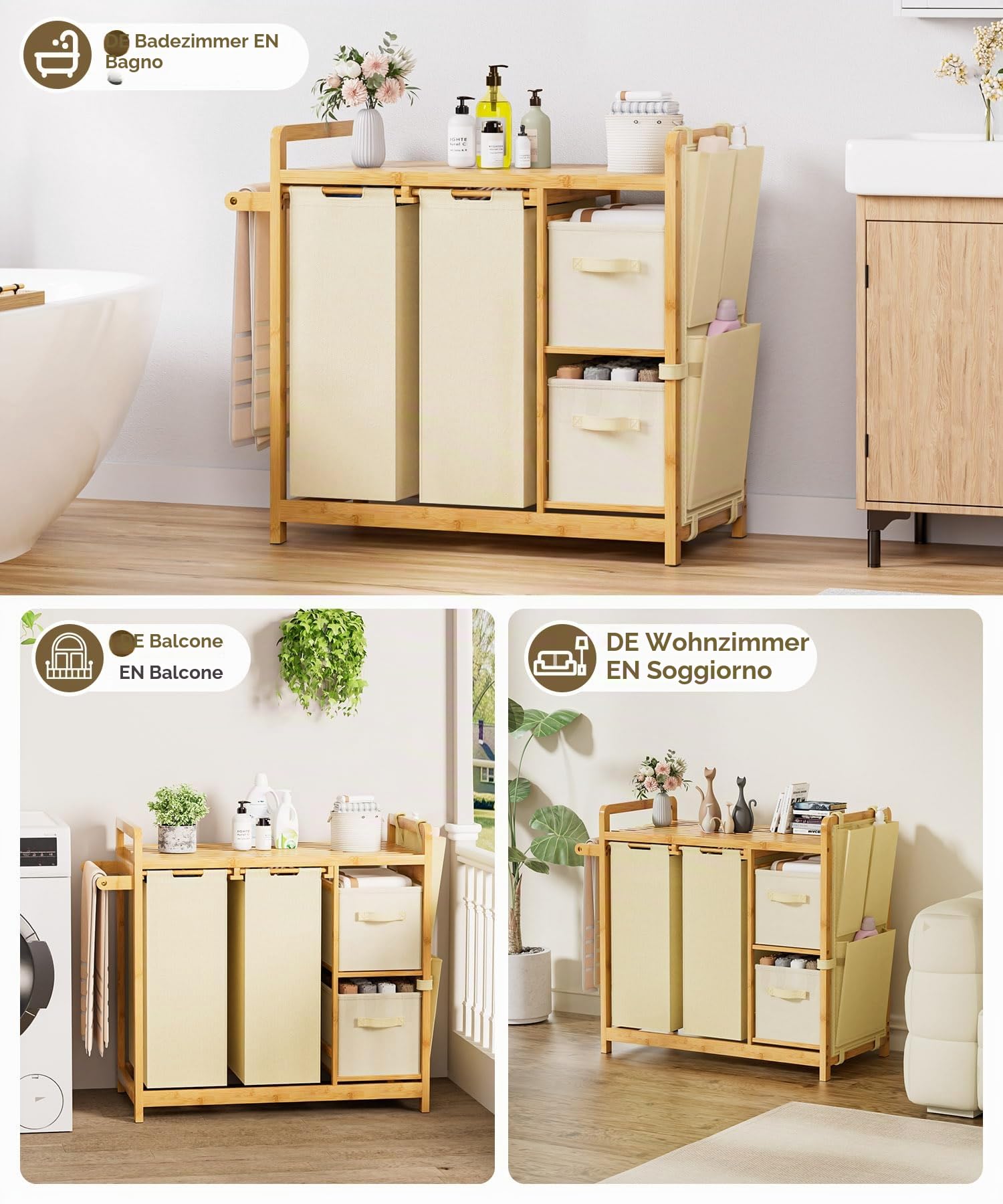Yorbay Cesto portabiancheria a 3 scomparti, in bambù, 140 l, con ripiano, porta asciugamani e piccole tasche laterali, per bagno, camera da letto e lavanderia, 87 x 41 x 77 cm, beige