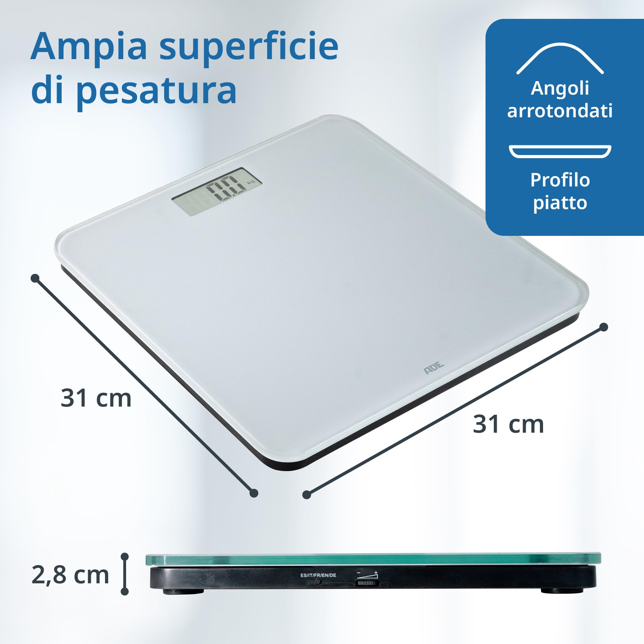 ADE Bilancia pesapersone digitale parlante | bilancia elettronica pesa persone da casa con emissione vocale in 5 lingue anche italiano | capacità molto elevata | precise fino a 250 kg | bianca