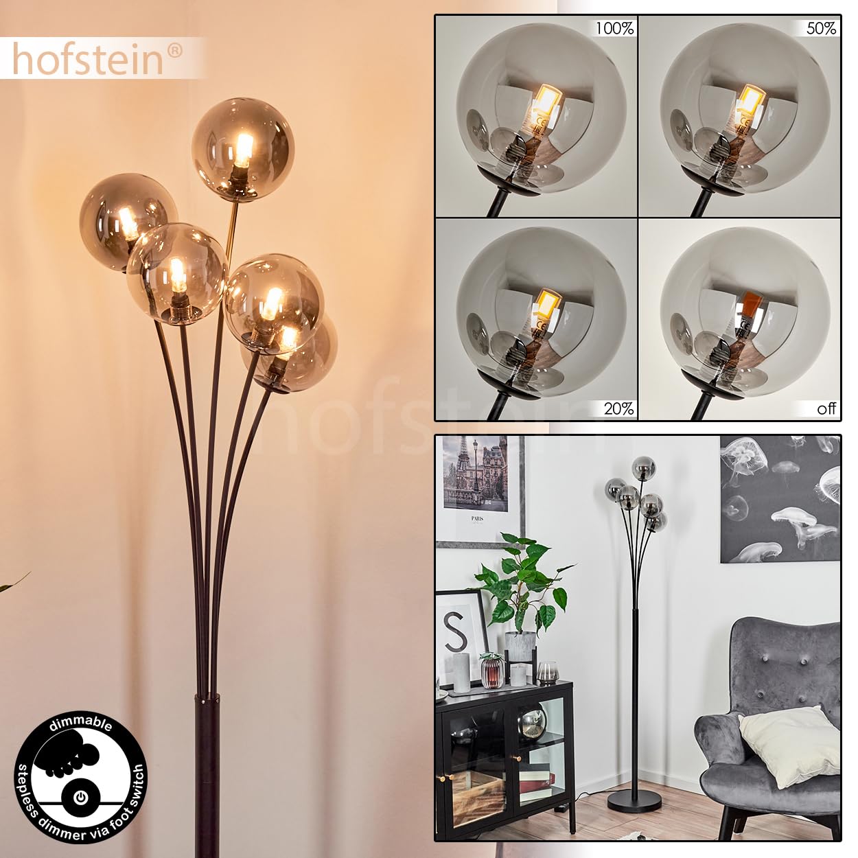 Vloerlamp zwart met smoke glazen kap
