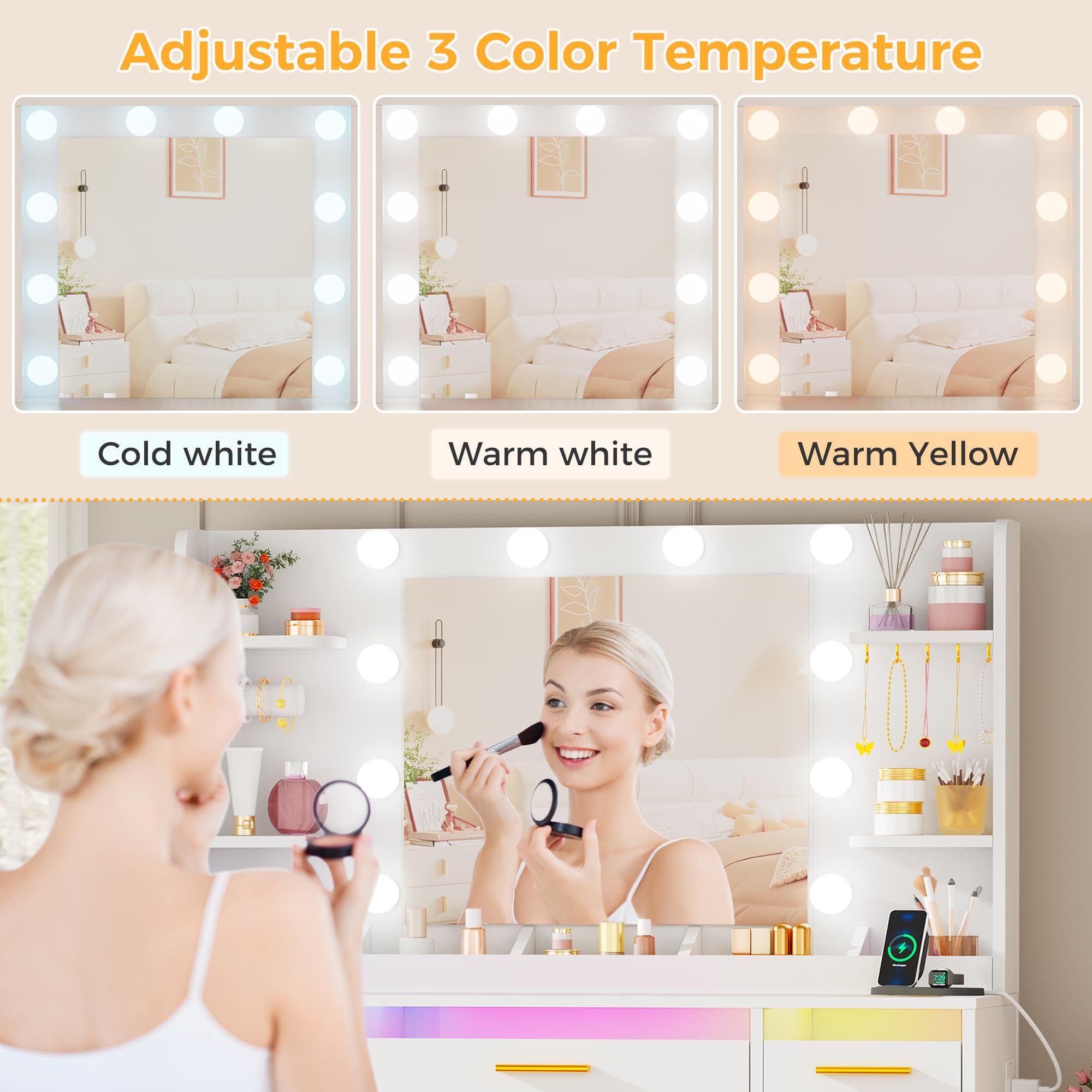 ANWBROAD Coiffeuse avec Miroir et Éclairage LED 3 Couleurs Grande Coiffeuse avec Plateau en Verre 9 Tiroirs RGB 4 Étagères Table de Maquillage avec Prise de Courant pour Chambre Moderne Blanc BDT95W