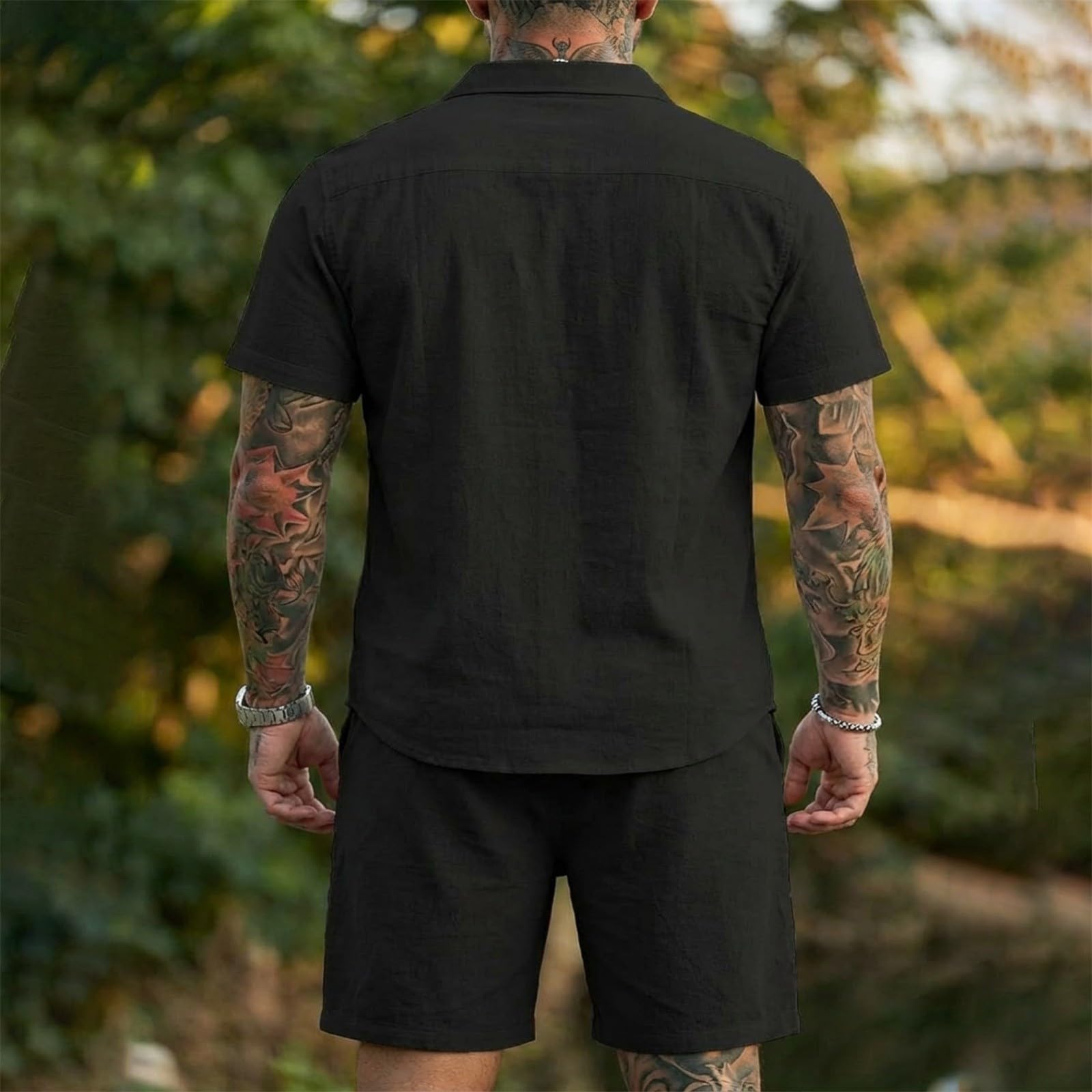 Conjunto de camisa y pantalones cortos de algodón y lino para hombre, conjunto de 2 piezas, ropa casual de verano, vacaciones, playa, boda, trajes de manga corta con botones y pantalones cortos
