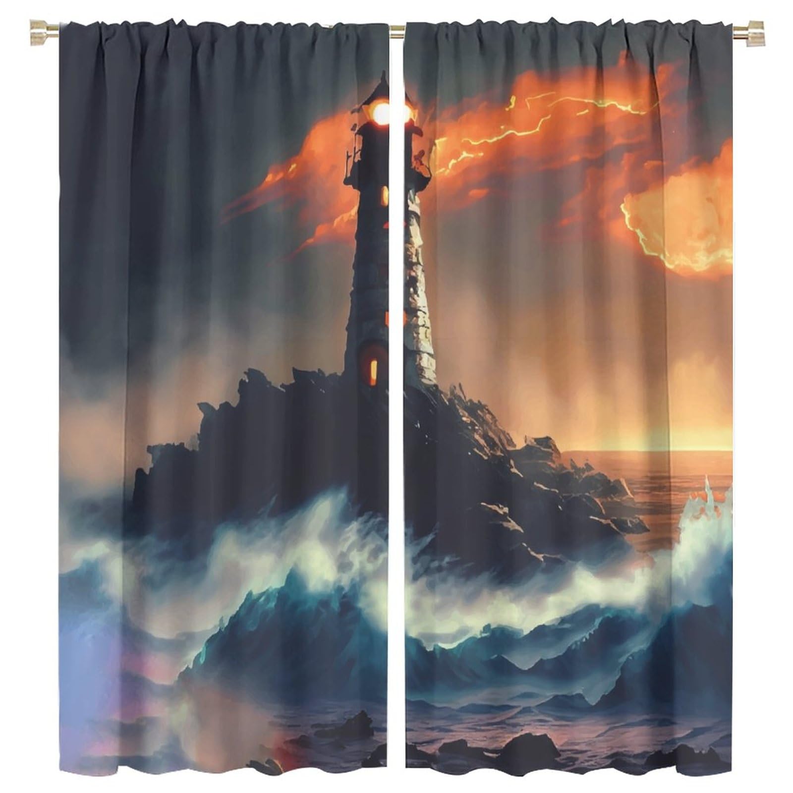 Lighthouse Curtain Gale Rainstorm Sea Wave Lighthouse Blackout Print Rod Pocket Window Drapes for Bedroom Living Room 63x72in
