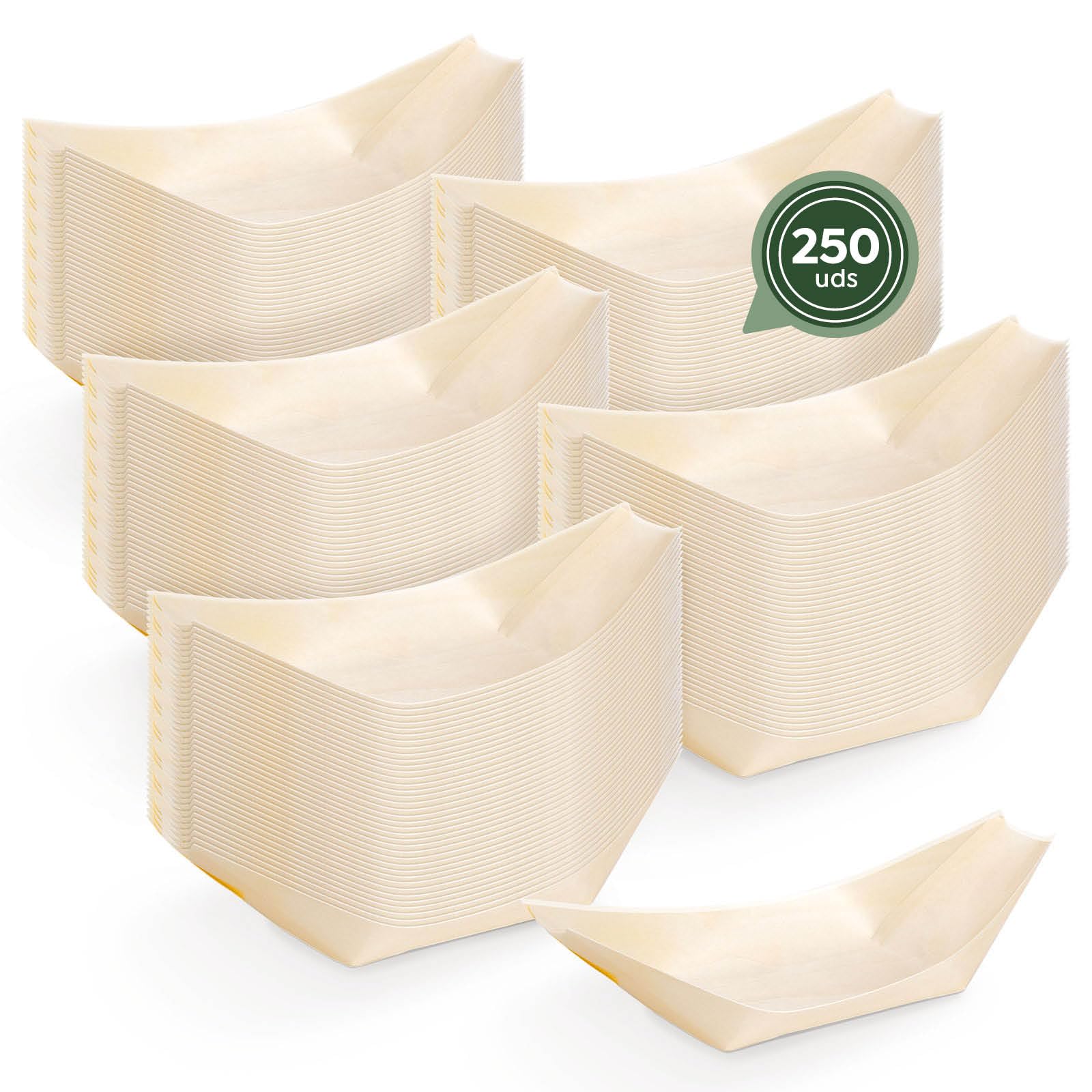 Horeca Collection MAXI PRODUCTS - 250 Barquillas de Madera Desechables - Cuencos Catering Aperitivos Desechable - Cuenco Madera Cocktail - Barquillas Madera 8 x 6 x 1,5 cm - PRÁCTICO Y APILABLE