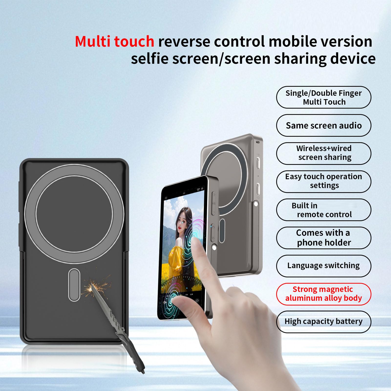 Pantalla para Selfies de Teléfono, Pantalla Táctil HD de 4 Pulgadas, Monitor Vlog, de Cámara Trasera Magnética con Batería de 2300 MAh, Control Remoto Bluetooth para Transmisión en,