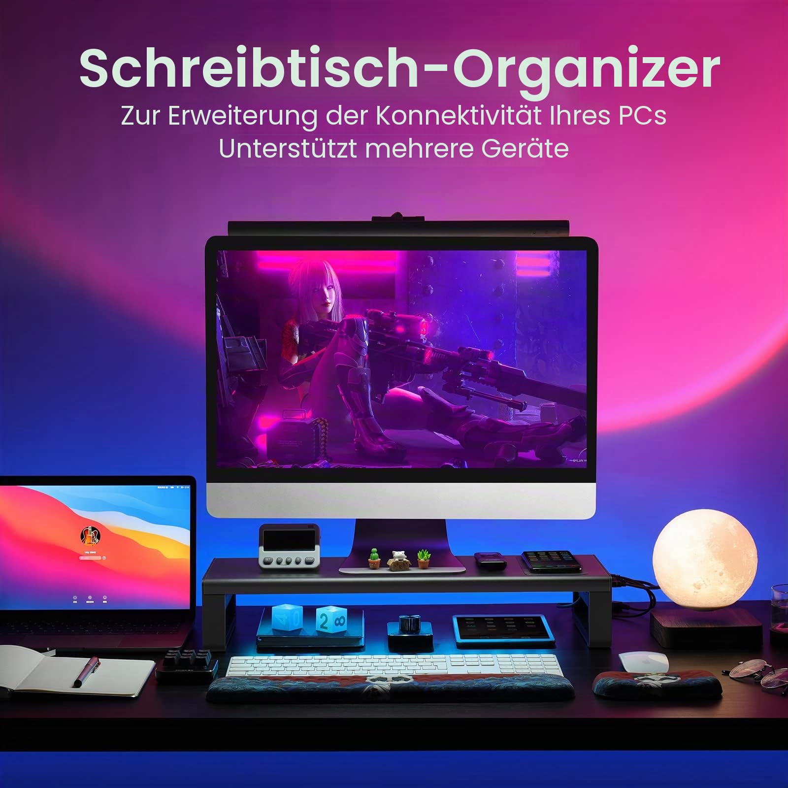 Vaydeer Doppelter Monitorständer aus Metall mit kabellosem Laden und 4 USB 3.0 Hub aus Aluminium für 2 Monitore, Unterstützt bis zu 32 Zoll für Computer, Laptop, Schwarz