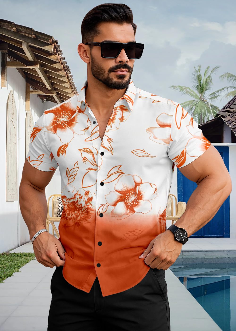 Men's Floral Print Short Sleeve Shirt, Black and White Ombre Design, Button-Down Casual Style-picture-50
