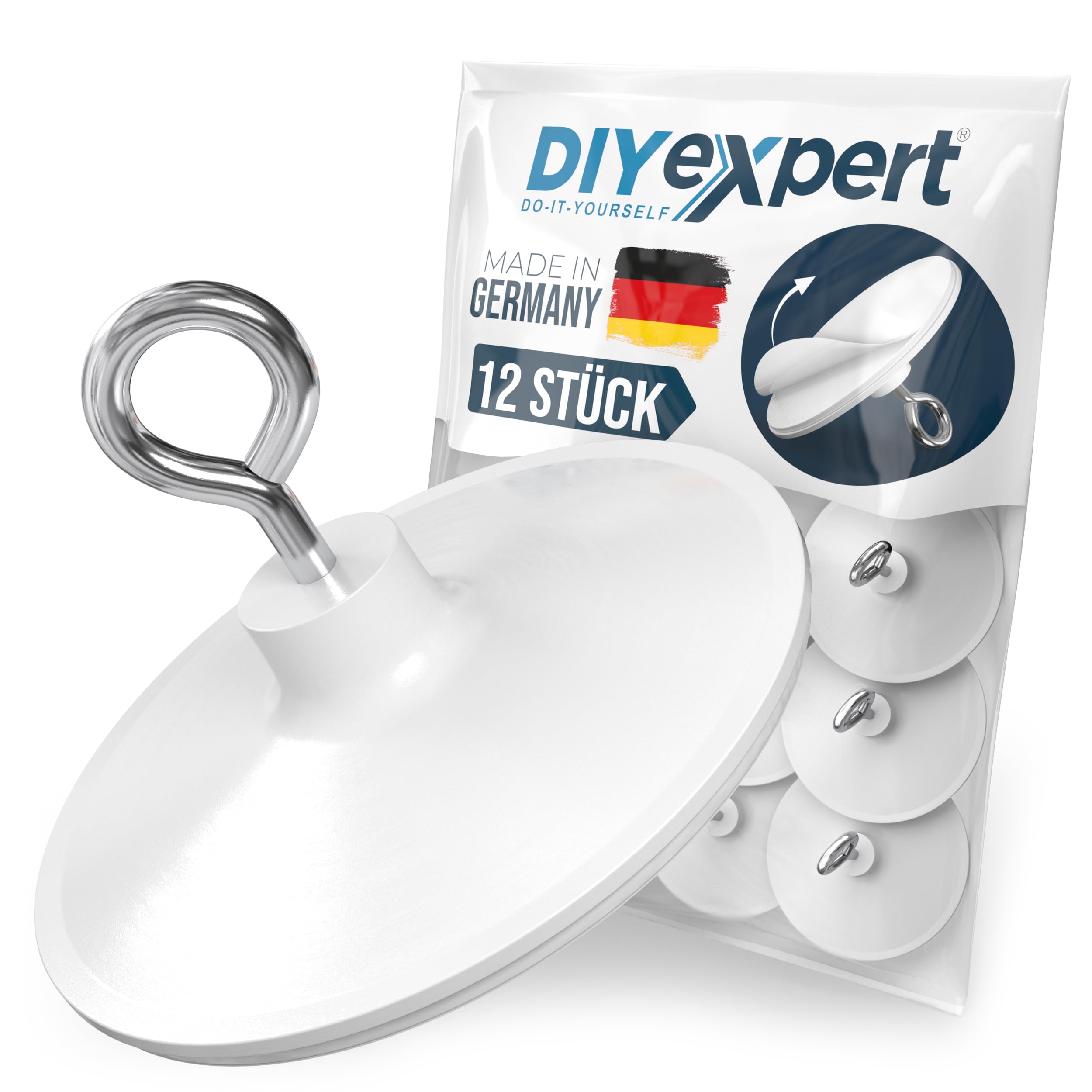 DIYexpert Deckenhaken selbstklebend | Made in Germany | [Mit Öse] [12 Stück] | Klebehaken für die Decke extra stark | Wandhaken ohne Bohren