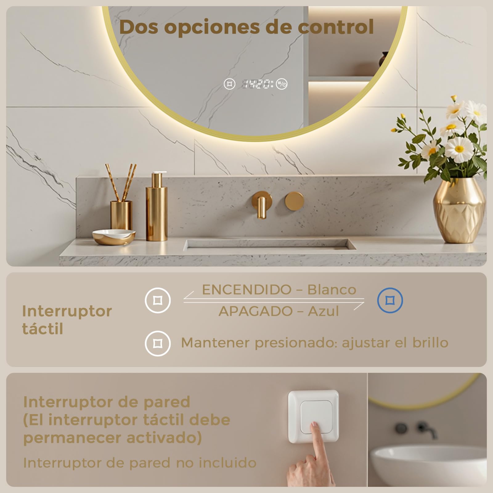 S'AFIELINA Espejo Baño con Luz LED Redondo Ø70 cm, Marco Dorado | Espejo Redondo de Baño con LED, Espejo Retroiluminado, Diseño Sin Marco, Luz Neutra, Espejo de Pared, Decorativo para Baño